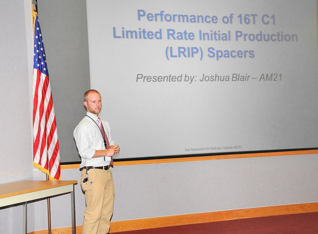 Joshua Blair was one of the four young engineers involved in AEDC’s JEDI program to give a presentation July 9 at the Main Auditorium. (Photo by Jacqueline Cowan)