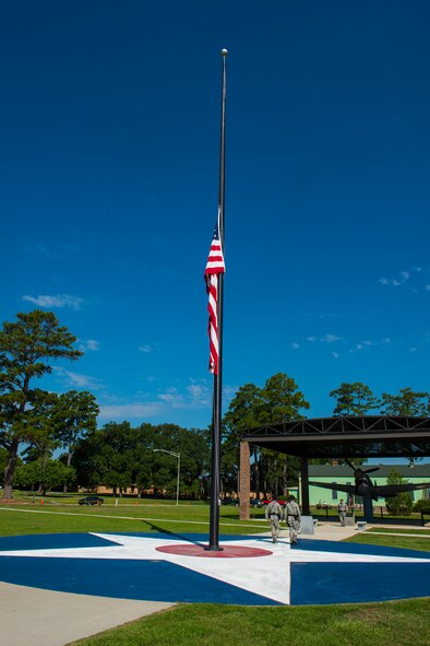 The President George W. Bush Air Park at Moody Field flag hangs half-staff in memory of U.S. Air Force Master Sgt. LaTonya Dease at Moody Air Force Base, Ga., July 29, 2014. The base also held a memorial ceremony at Hoffman Auditorium in remembrance of Dease. (U.S. Air Force photo by Airman 1st Class Ceaira Tinsley/Released)