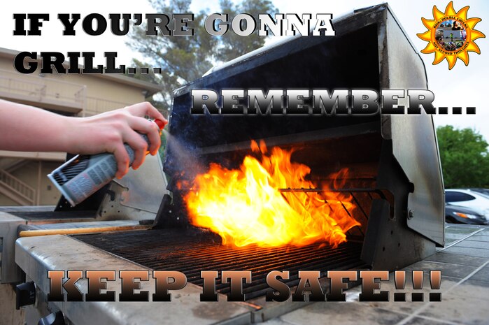 Every summer, people across the country get out their grills to barbeque food. Along with this fun tradition comes many potential fire and other safety hazards. According to the National Fire Protection Association, gas grills constitute a higher fire risk and between 2007 and 2011, they were involved in an annual average of 7,200 home fires. In December 2012, ESPN SportsCenter anchor Hannah Storm was badly burned while grilling. The NFPA website stated Storm suffered first and second-degree burns on her face, neck, chest and hands when she attempted to re-ignite a flame after the wind had blown it out and caused propane gas to pool and become an explosion hazard. The NFPA suggests these safety tips: propane gas and charcoal grills should only be used outdoors. The grill should be placed well away from the home, deck railings, and out from under eaves and overhanging branches. Keep children and pets away from the grill area. Never leave your grill unattended. (U.S. Air Force photo illustration by Airman 1st Class Thomas Spangler)