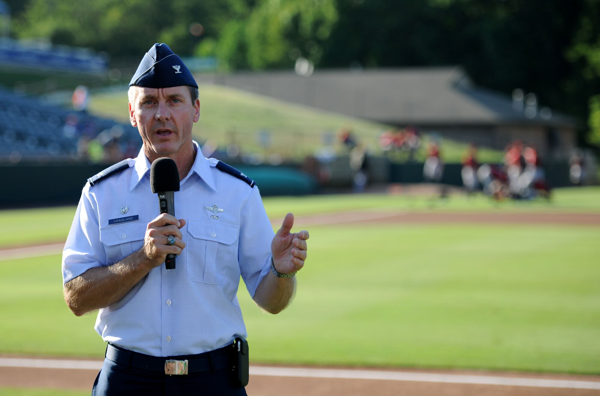 Col. Brad Hoagland, 11th Wing/Joint Base Andrews commander, speaks before the Bowie Baysox take on the Altoona Curve during military appreciation night at Prince George’s Stadium in Bowie, Md., July 25, 2014. The Baysox are a minor league team for the Baltimore Orioles. (U.S. Air Force photo/Airman 1st Class Ryan J. Sonnier)