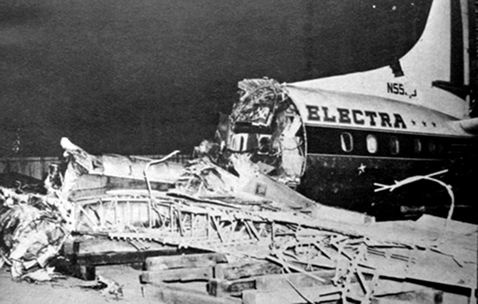 Photo of the crash of Eastern Air Lines Flight 375, a Lockheed L-188 Electra that was brought down by a bird strike in 1960. The photo was taken by the Civil Aeronautics Board (CAB) in the course of their investigation of the crash.