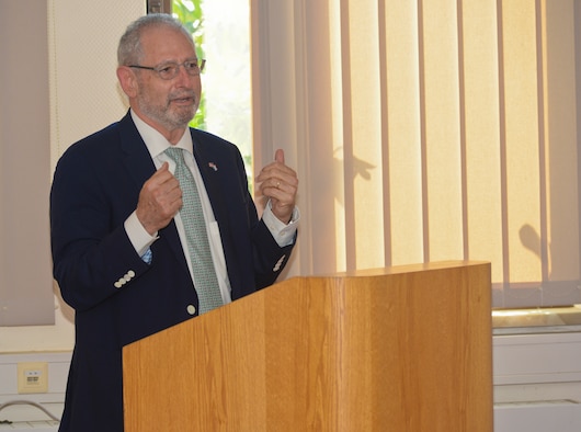 Robert Mandell, U.S. ambassador to Luxembourg, addresses a crowd of U.S. Air Force officers during their monthly Third Friday meeting at the Viper Conference Room at Spangdahlem Air Base, Germany, July 18, 2014. Mandell spoke about current topics in international relations and thanked the Airmen for their service. (U.S. Air Force photo by Staff Sgt. Joe W. McFadden/Released)