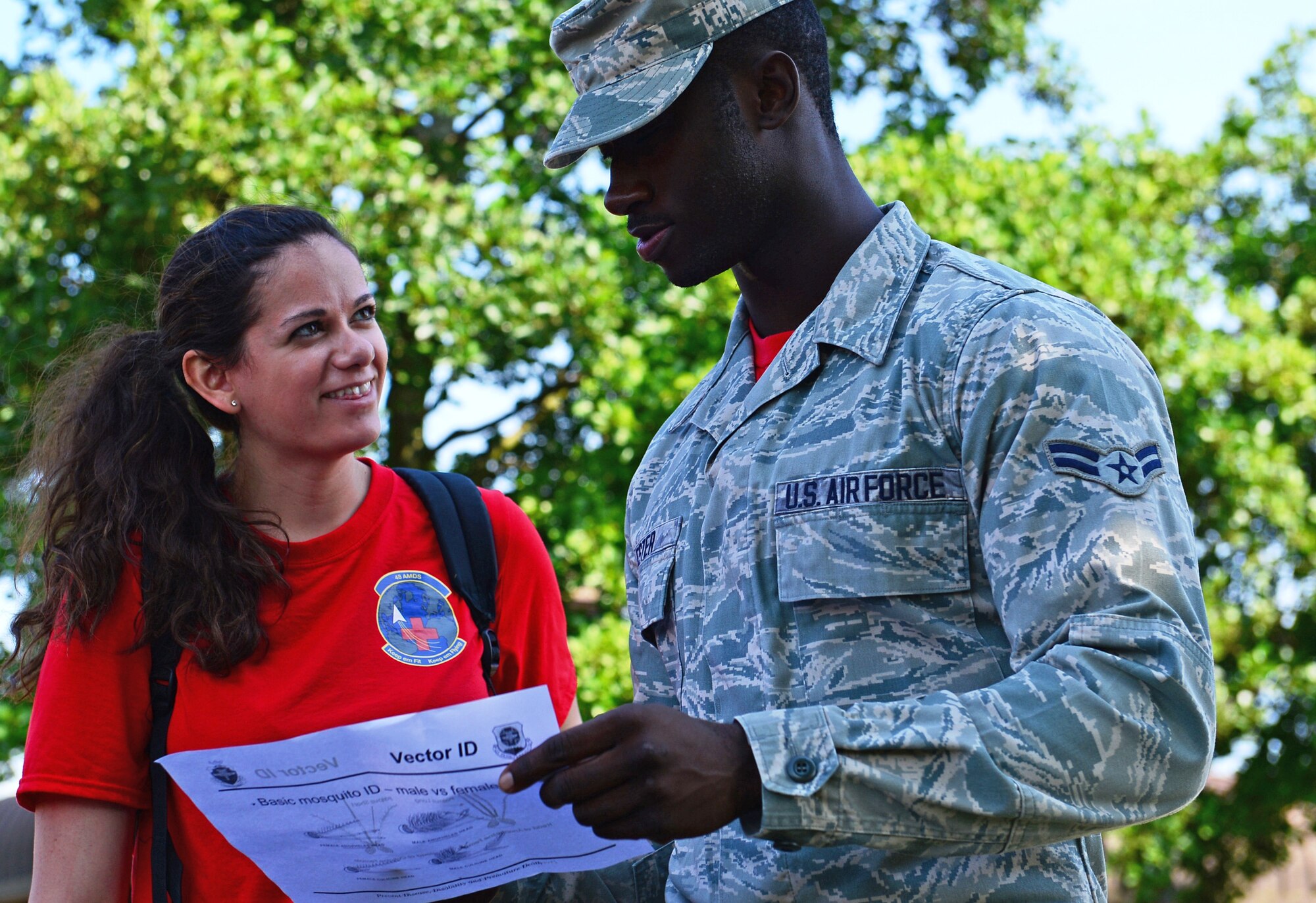 Airmen 1st Class Maria Knepper and Dijohn Lester, 48th Aerospace Medicine Squadron bioenvironmental technicians, read information about mosquitos during a briefing on protection and trapping at Royal Air Force Lakenheath, England, July 25, 2014. Some members participated in Biannual preventative environmental sustainment training to broaden their knowledge about medical specialties within their unit. (U.S. Air Force photo by Airman 1st Class Erin O’Shea/Released) 
