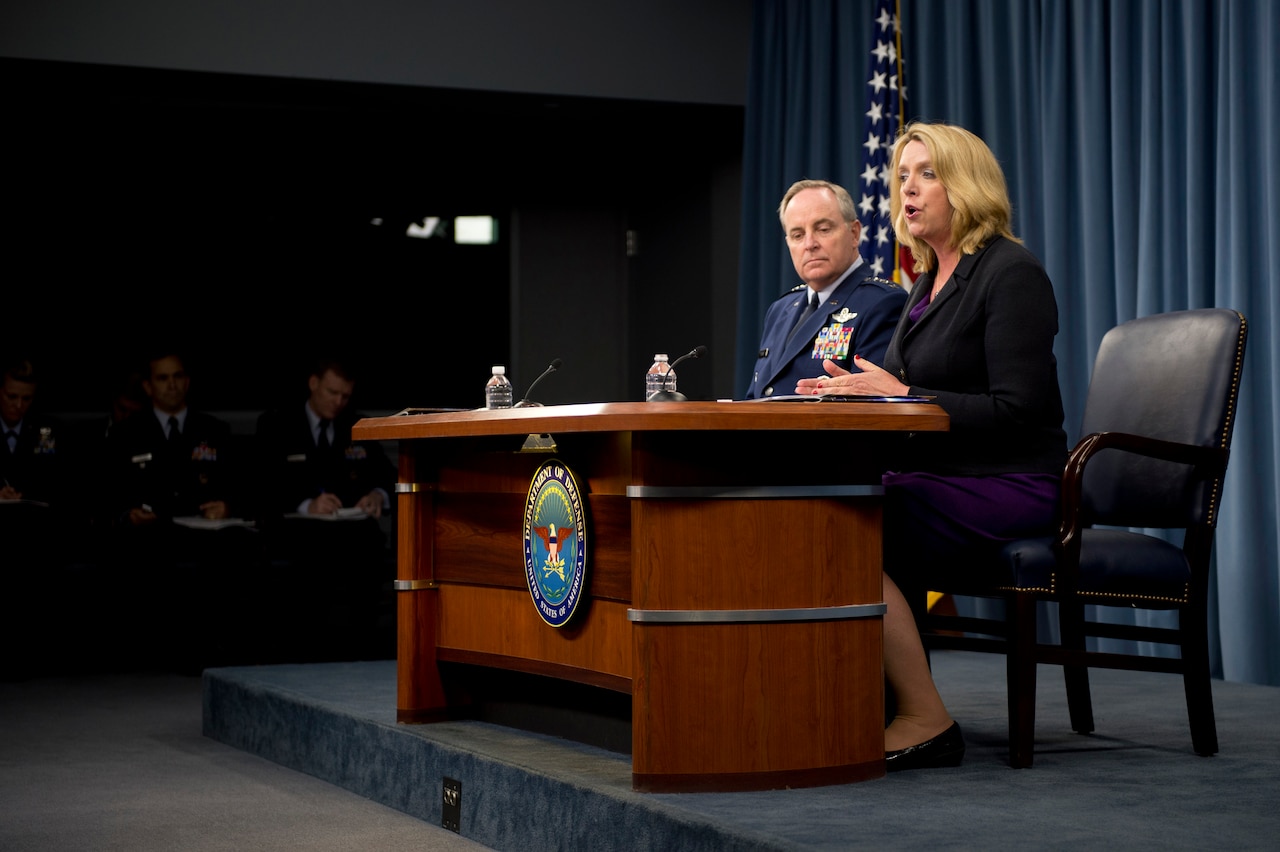 Air Force Secretary Deborah Lee James and Air Force Chief of Staff Gen. Mark A. Welsh III brief reporters on the state of the Air Force and its prospects for the future at the Pentagon, July 30, 2014. U.S. Air Force photo by Master Sgt. Adrian Cadiz