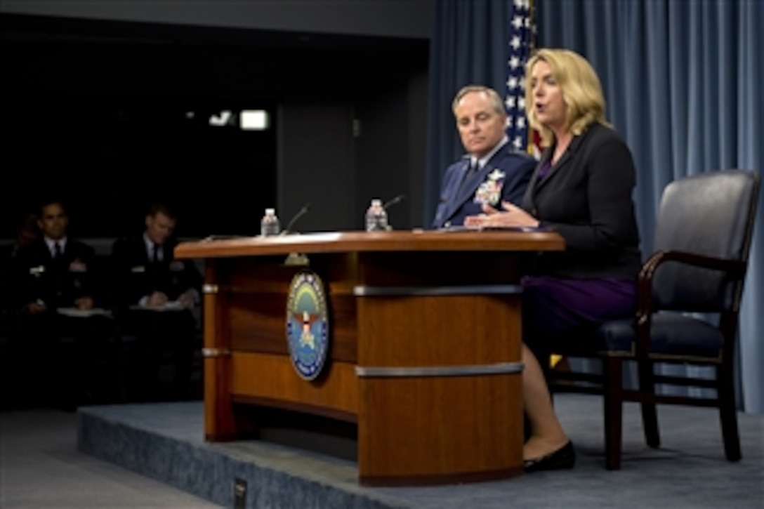 Air Force Secretary Deborah Lee James and Air Force Chief of Staff Gen. Mark A. Welsh III answer questions for reporters as they deliver a briefing on the state of the Air Force at the Pentagon, July 30, 2014. 