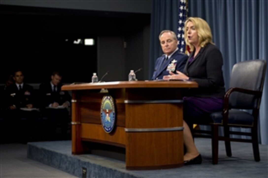 Air Force Secretary Deborah Lee James and Air Force Chief of Staff Gen. Mark A. Welsh III answer questions for reporters as they deliver a briefing on the state of the Air Force at the Pentagon, July 30, 2014. 