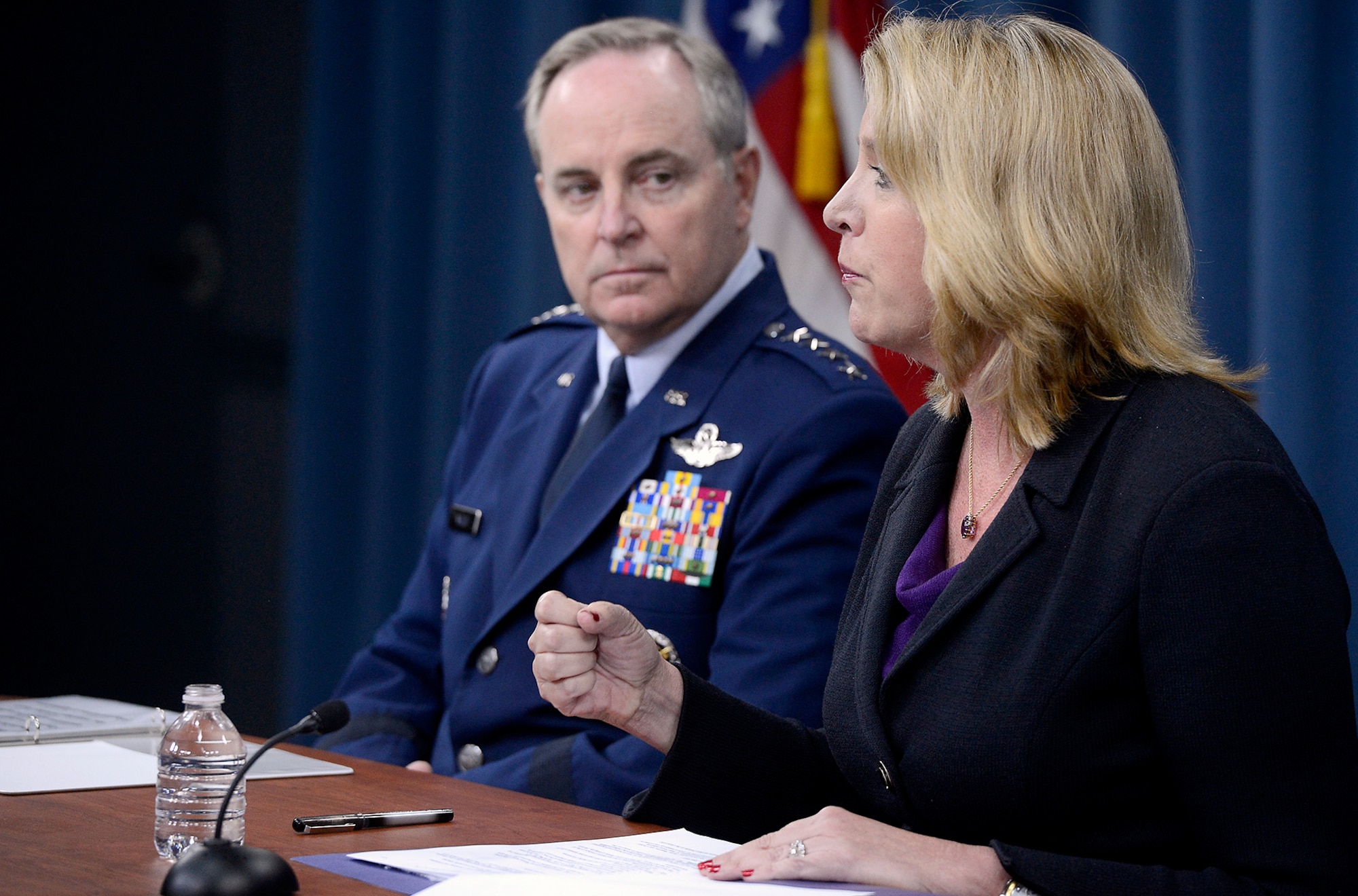 Secretary of the Air Force Deborah Lee James and Air Force Chief of Staff Gen. Mark A. Welsh III deliver their "State of the Air Force" message during a Pentagon press conference July 30, 2014. They unveiled the Air Force's strategy, "America's Air Force: A call to the Future." (U.S. Air Force photo/Scott M. Ash)