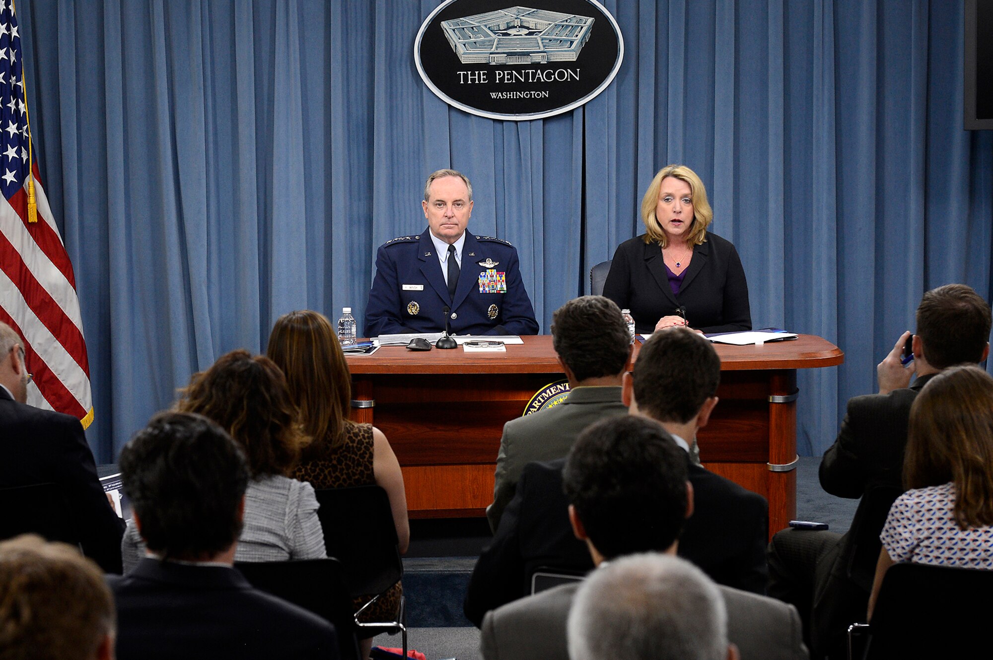 Secretary of the Air Force Deborah Lee James and Air Force Chief of Staff Gen. Mark A. Welsh III answer questions during their "State of the Air Force" message during a Pentagon press conference July 30, 2014. They unveiled the Air Force's strategy, "America's Air Force: A call to the Future." (U.S. Air Force photo/Scott M. Ash)