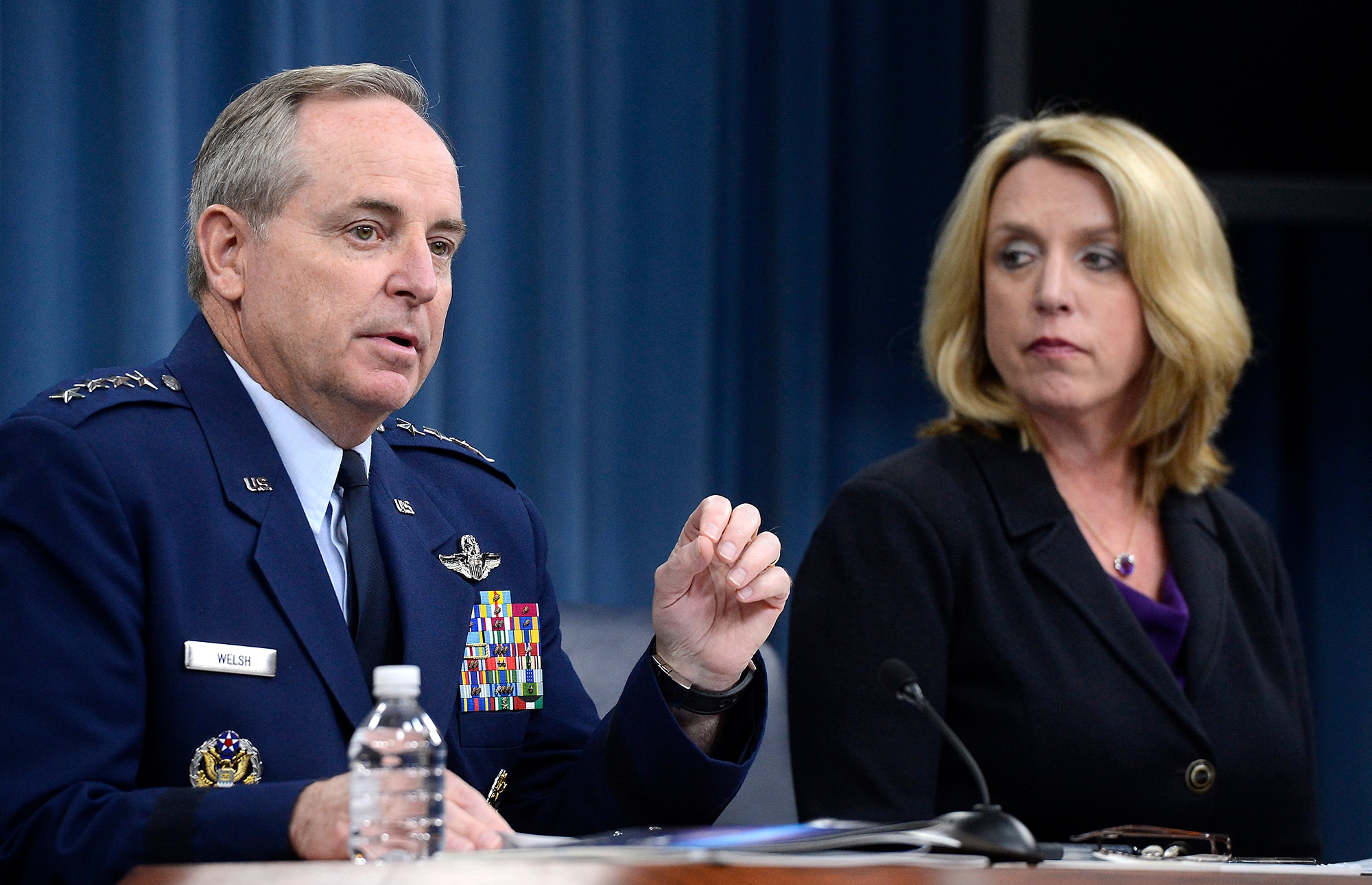 Air Force Chief of Staff Gen. Mark A. Welsh III  and Secretary of the Air Force Deborah Lee James deliver their "State of the Air Force" message during a Pentagon press conference July 30, 2014. They unveiled the Air Force's strategy, "America's Air Force: A call to the Future." (U.S. Air Force photo/Scott M. Ash)