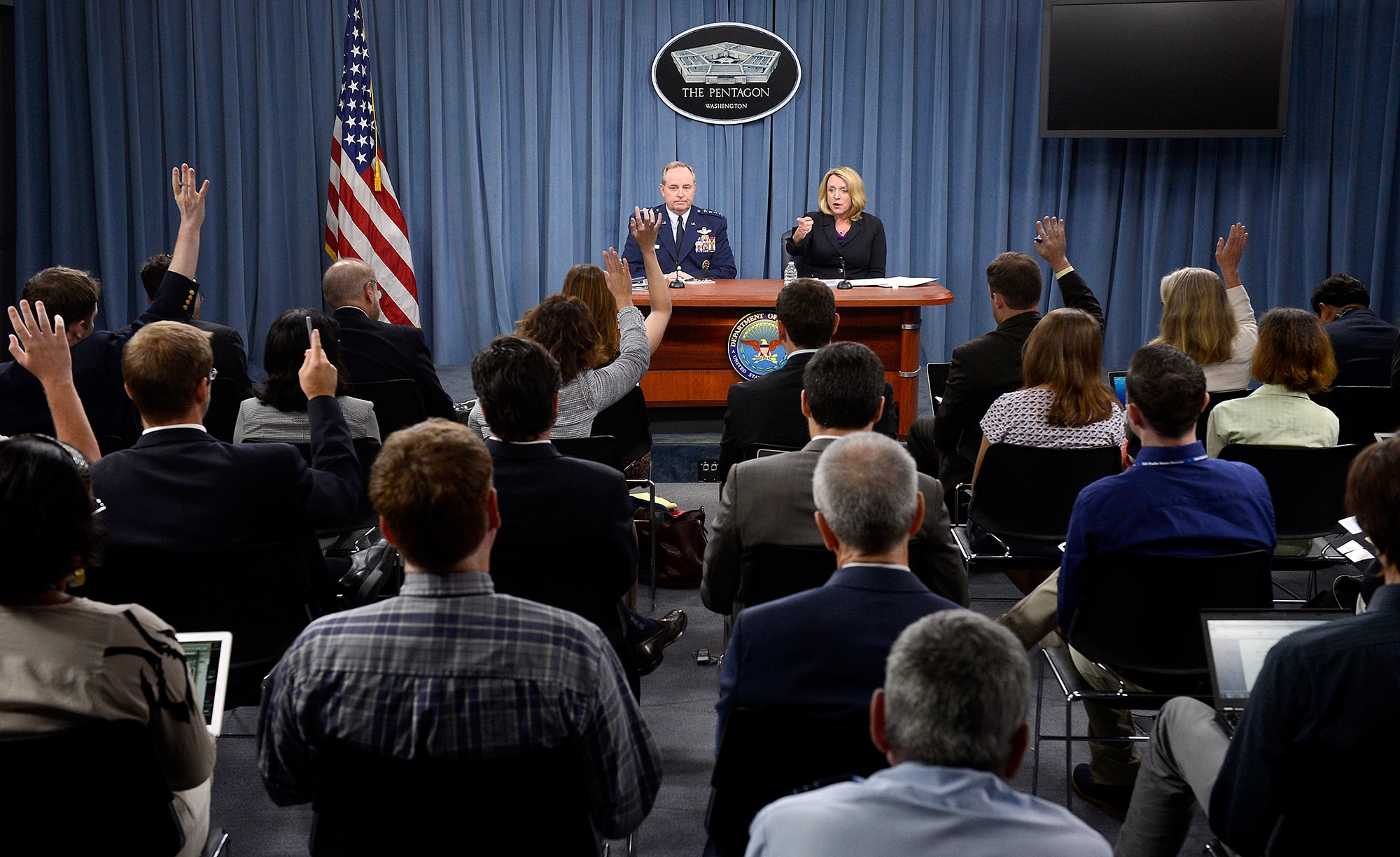 Secretary of the Air Force Deborah Lee James and Air Force Chief of Staff Gen. Mark A. Welsh III deliver their "State of the Air Force" message during a Pentagon press conference July 30, 2014. They unveiled the Air Force's strategy, "America's Air Force: A call to the Future." (U.S. Air Force photo/Scott M. Ash)