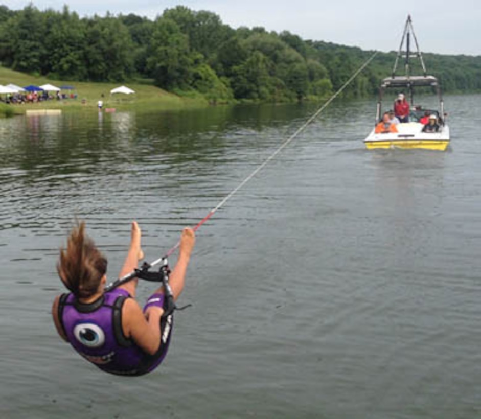 A barefoot water skier competes during the 2014 Eastern Regional Barefoot Waterski Tournament. The event was held at Prompton Dam in Northeastern Pennsylvania on July 18-19. Prompton Dam is owned and maintained by the U.S. Army Corps of Engineers' Philadelphia District. 