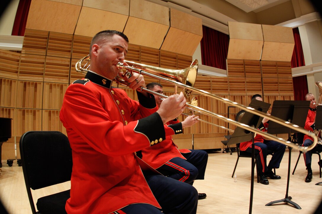 Trombone player Staff Sgt. Preston Hardage rehearses for a Chamber Music Series concert on Feb. 10, 2012 in the John Philip Sousa Band Hall at the Marine Barracks Annex in Washington, D.C. (U.S. Marine Corps photo by Staff Sgt. Rachel Ghadiali/released)