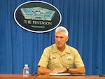 WASHINGTON (July 29, 2014) - Navy Adm. Samuel J. Locklear III, commander of U.S. Pacific Command, listens to a reporter’s question during a news conference at the Pentagon.     