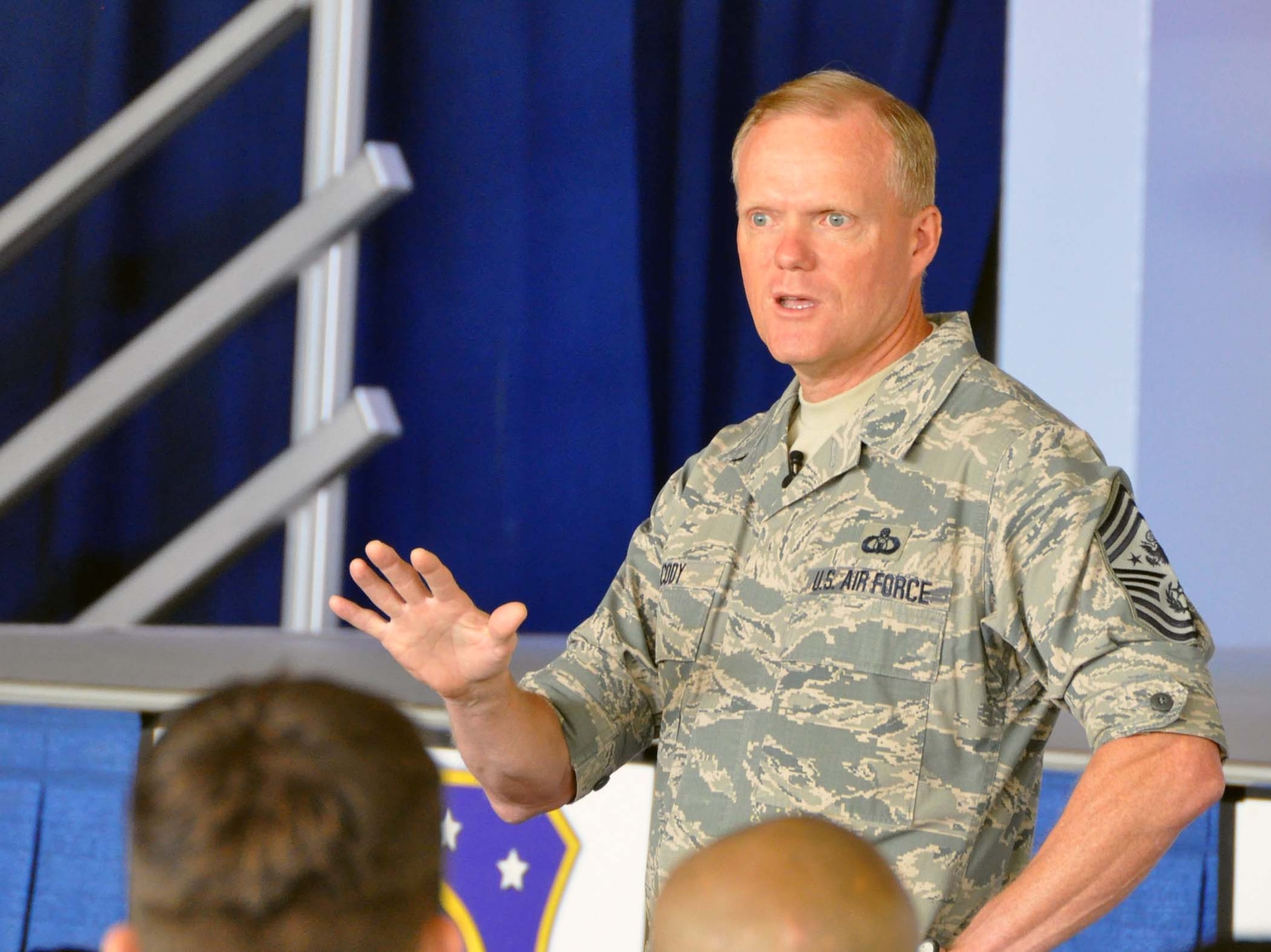 Chief Master Sgt of the Air Force James A. Cody, addressed Team March Airmen during a July 12, 2014 visit to March Field. CMSAF Cody and his wife, Athena, spent three days at the Southern California Air Reserve Base where they met with Airmen and observed the success of Total Force Integration there. (U.S. Air Force photo/Master Sgt. Linda Welz)