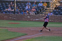 Senior Airman Addam LaMora, Beale All-Stars second baseman, takes a swing during a softball game with the Marysville Gold Sox July 30, 2014, at Appeal-Democrat Park in Marysville, Calif. More than 100 guests attended the game. (U.S. Air Force photo by Airman 1st Class Ramon A. Adelan/ Released)
