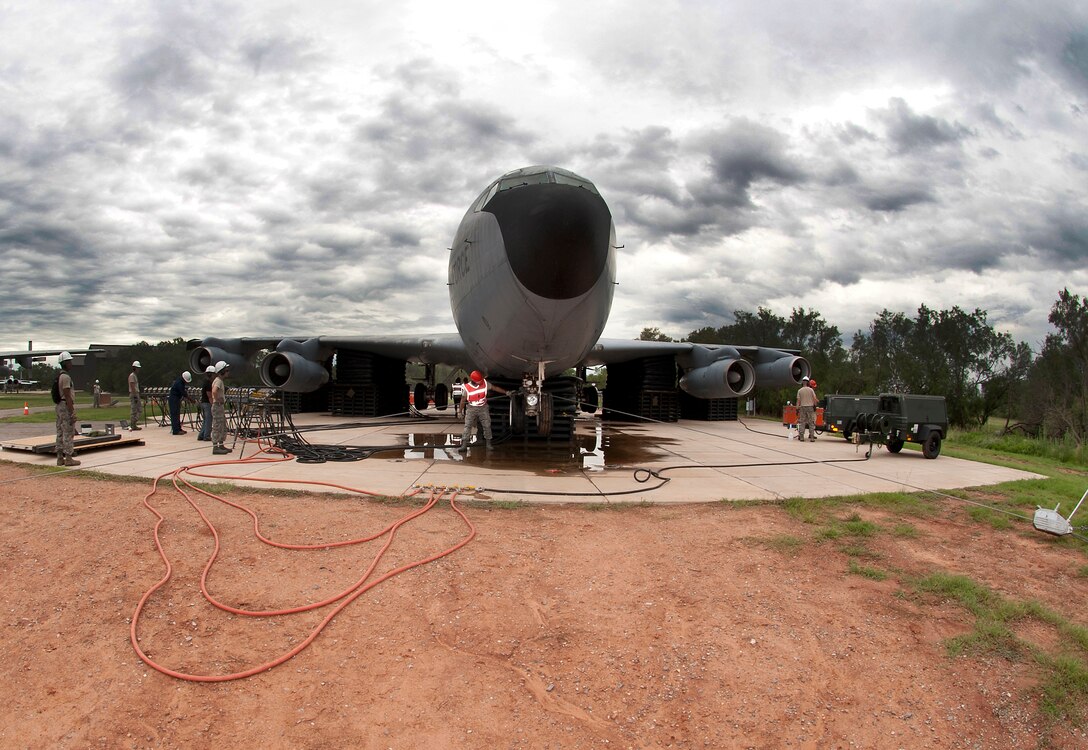 The 362nd Training Squadron, Crash Damaged Disabled Aircraft Recovery (CDDAR) team, used 26-ton airbag modules and associated equipment to completely lift a KC-135 Stratotanker July 29, 2014. Students work as a team to lift the aircraft off the ground a minimum of 8 inches, which can be applied to any aircraft that has skidded off the runway or is stuck in the mud, snow or any other terrain. (U.S. Air Force photo/Danny Webb/RELEASED)