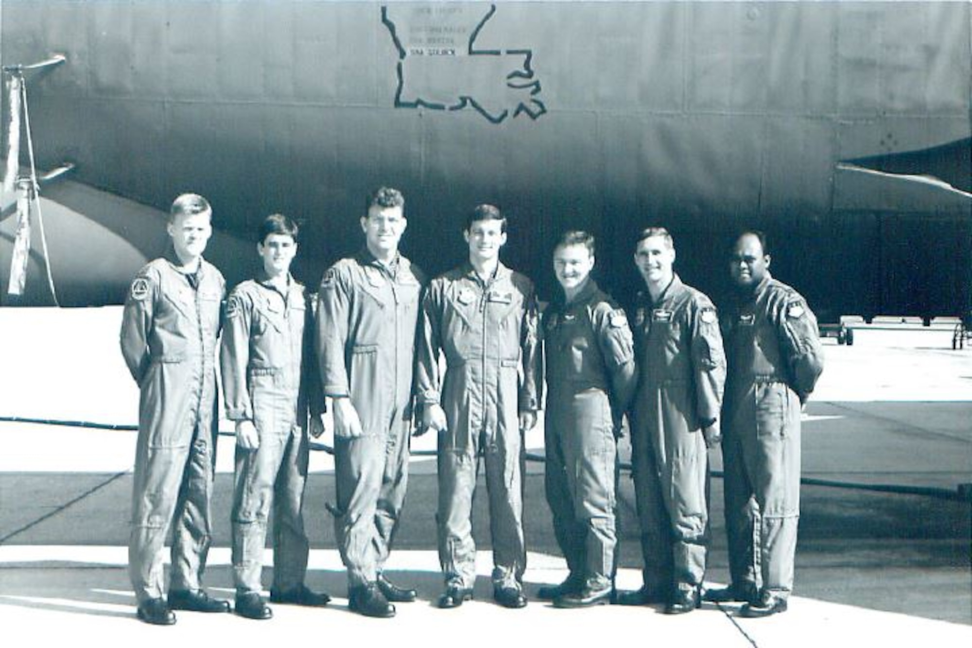 Crew of the Lucky Lady IV pose with their B-52H before embarking on Exercise Global Power 94-7, Aug. 1, 1994. From left to right: Capt. Terrence O'Grady, Capt. Russell Maclean, Capt. Stephen Pomeroy, Capt. Warren Ward, Capt. Todd Callahan, Col. James Hawkins, Capt. Andre Mouton.
