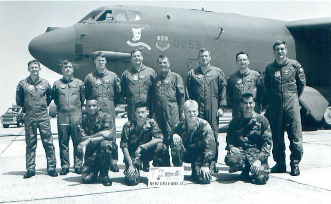 Crew of the Laissez le Bon Temps Roulez pose with their B-52H before embarking on Exercise Global Power 94-7, Aug. 1, 1994. Back row from left to right: Lt. Col. Barry Chisholm, Maj. Robert Clardy, Capt. Joseph Hagans, Capt. Frank Stepongzi, Brig. Gen. George Peyton Cole, Capt. Norman Worthen, Capt. William Noble, Capt. Michael Spitz.