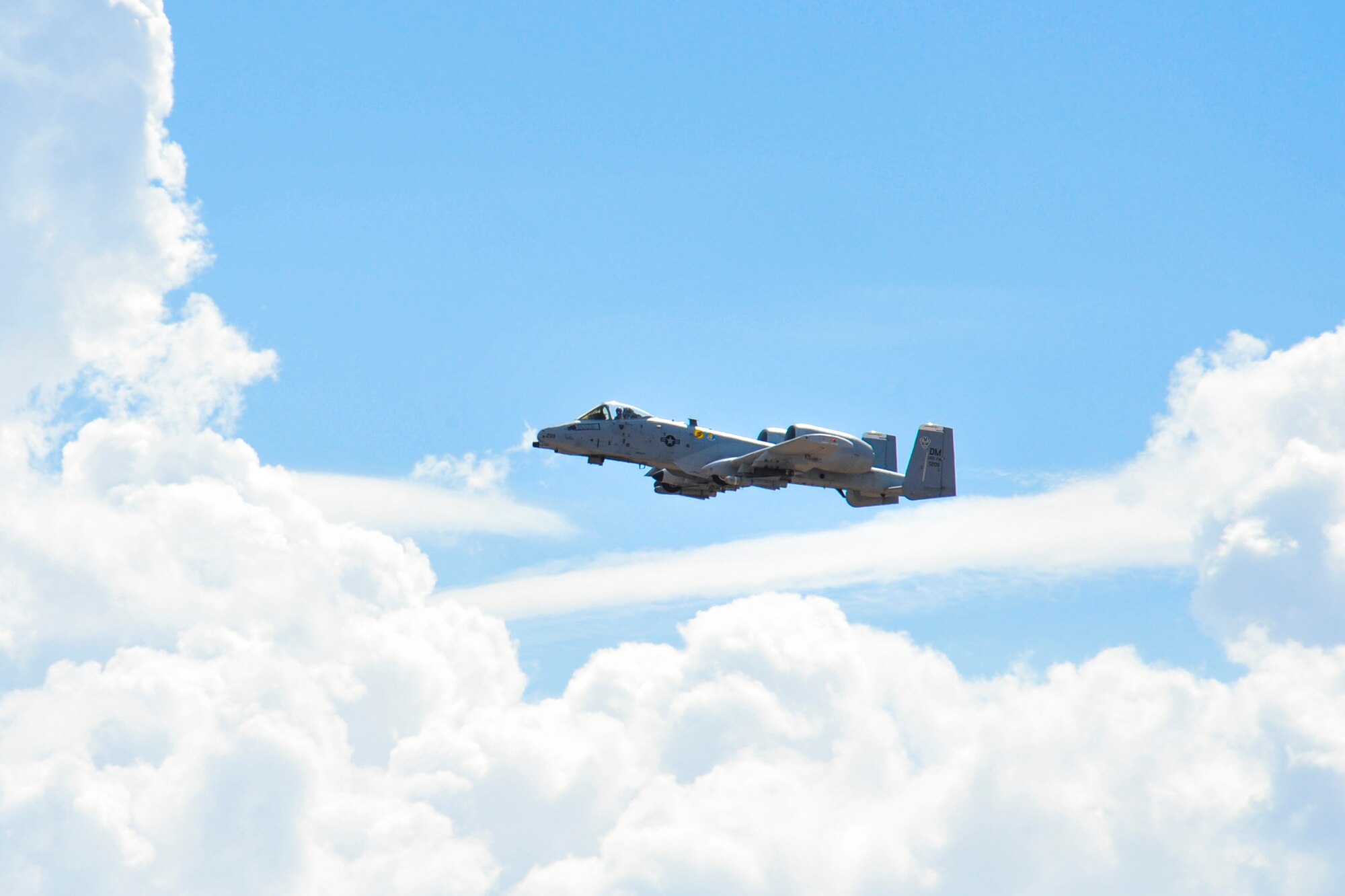 U.S. Air Force Col. Kevin E. Blanchard, 355th Fighter Wing commander, flies his final flight in an A-10 Thunderbolt II at Davis-Monthan Air Force Base, Ariz., July 30, 2104.  Blanchard’s final flight marks the end of his 2-year command of the 355 FW and a 23-year U.S. Air Force career.  (U.S. Air Force Photo by Airman 1st Class Chris Massey/Released)
