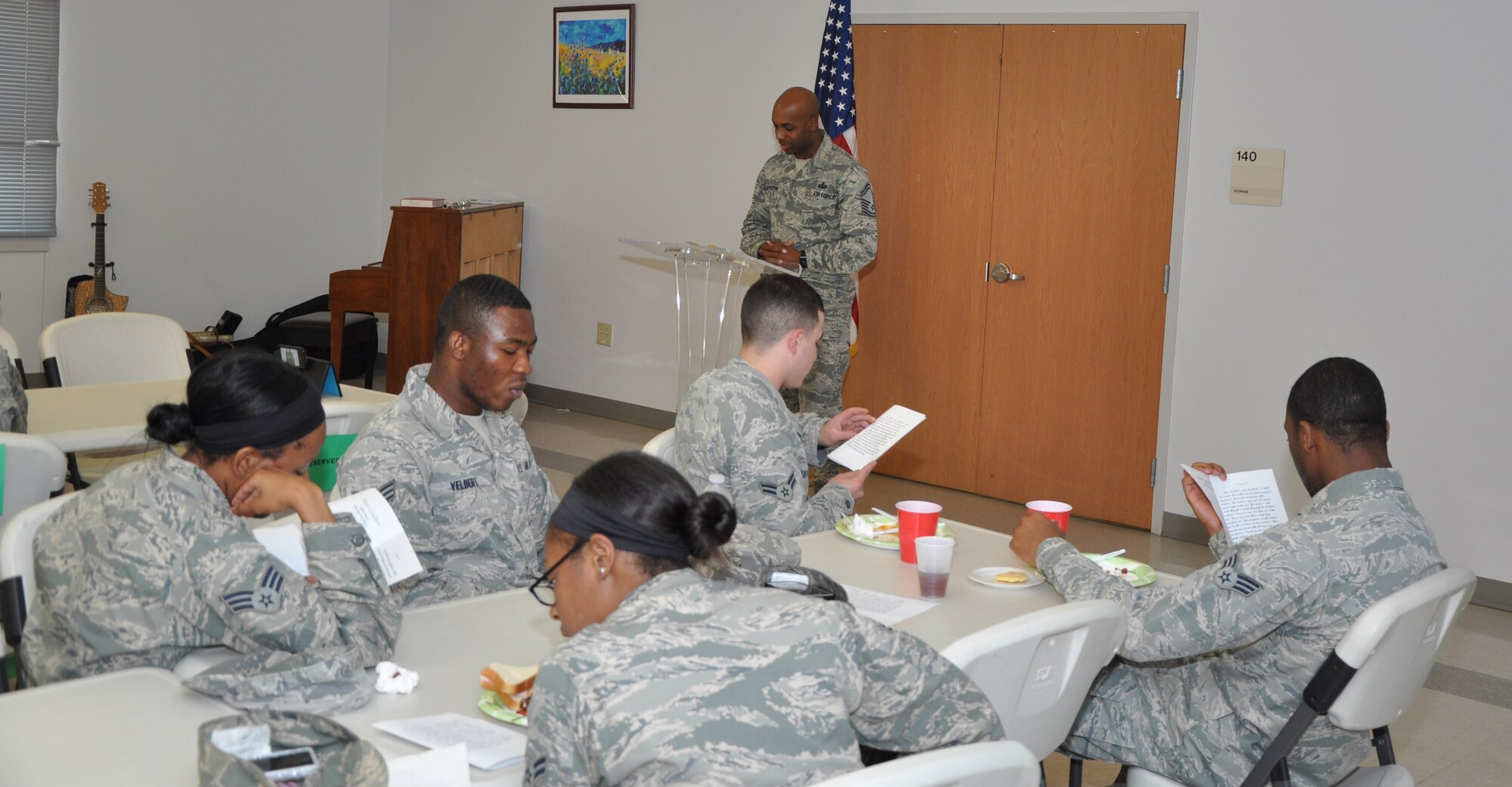 GOODFELLOW AIR FORCE BASE, Texas – Senior Master Sgt. David L. Harvatin, 17th Training Wing Special Plans and Programs superintendent and Knowledge Operations manager, reads Psalm 23 during the 344th Military Intelligence Battalion Prayer Luncheon at the Fellowship Hall here July 25. Harvatin also provided several spiritual messages during the luncheon. (U.S. Air Force photo/ Senior Airman Joshua Edwards)