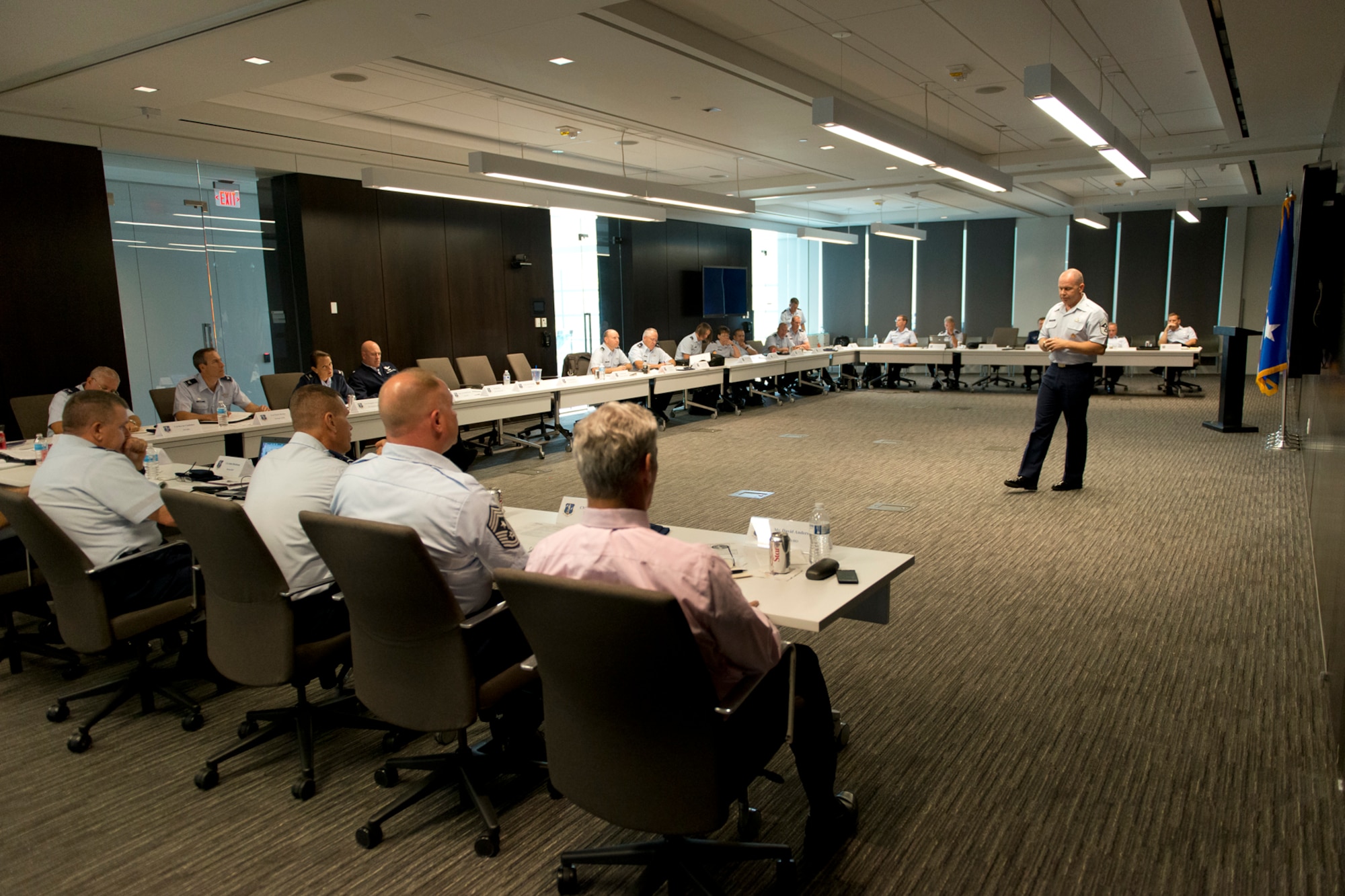 Chief Master Sgt. James W. Hotaling, the command chief of the Air National Guard, addresses the Air Directorate Field Advisory Council meeting at Joint Base Andrews Md., July 29, 2014. The ADFAC brings more than 20 Weapons System Councils together to openly discuss policy, current issues and priorities. The information gathered from the meeting will be circulated throughout the ANG and used to improve readiness and relevancy. (Air National Guard photo by Master Sgt. Marvin R. Preston/Released)