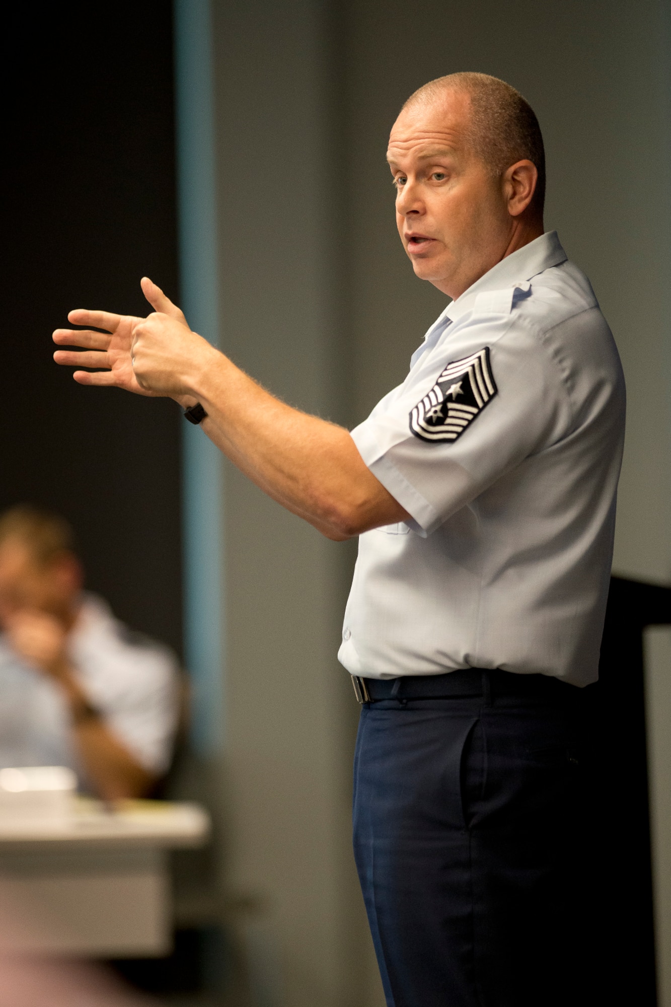 Chief Master Sgt. James W. Hotaling, the command chief of the Air National Guard, addresses the Air Directorate Field Advisory Council meeting at Joint Base Andrews Md., July 29, 2014. The ADFAC brings more than 20 Weapons System Councils together to openly discuss policy, current issues and priorities. The information gathered from the meeting will be circulated throughout the ANG and used to improve readiness and relevancy. (Air National Guard photo by Master Sgt. Marvin R. Preston/Released)
