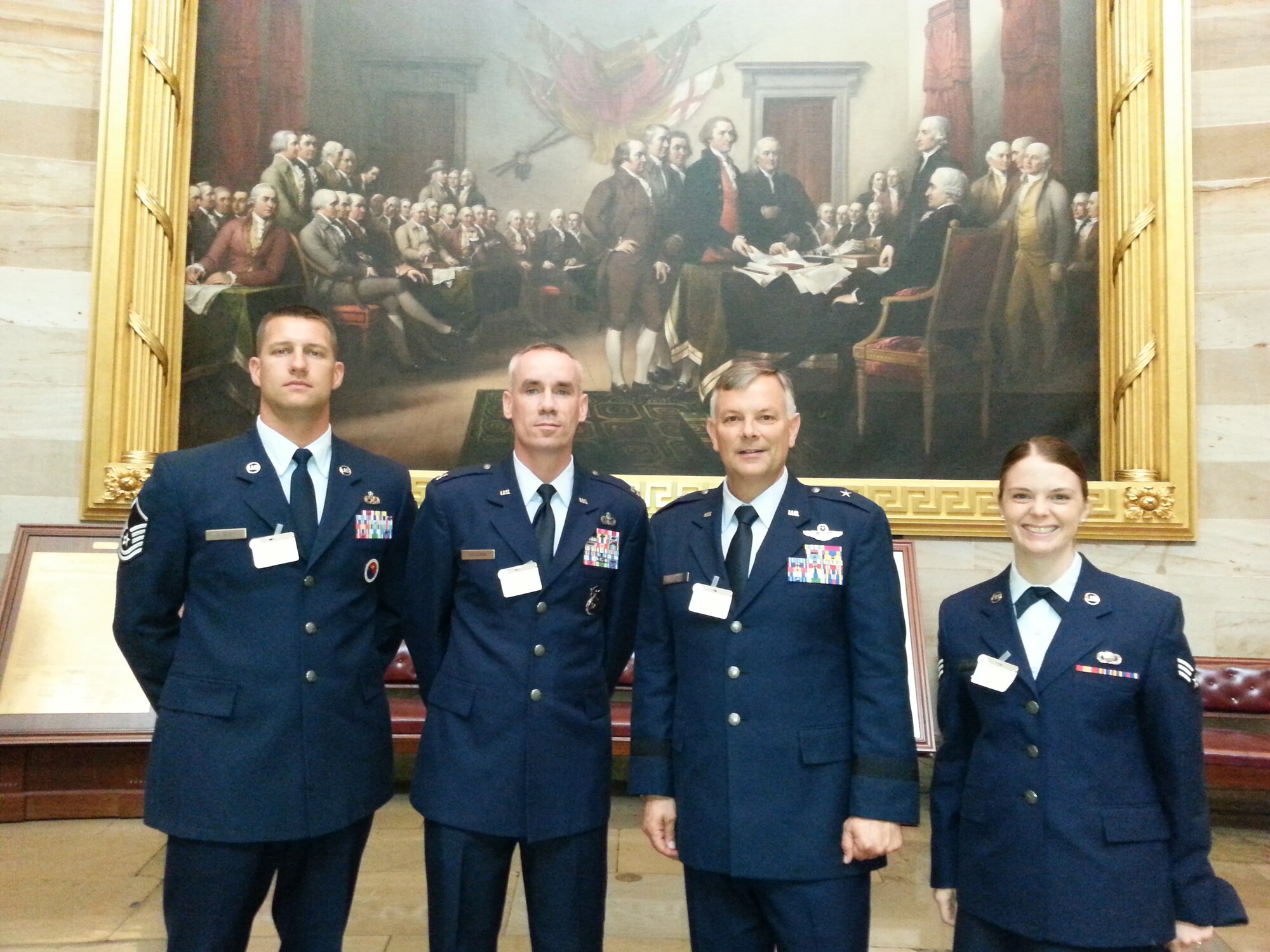 From left to right: Master Sgt. Josef Albert, Capt. John Sullivan, Brig. Gen. Glen D.
VanHerck, and Senior Airman Emily Luzum pose inside the United States Capitol
Building in Washington, D.C. The three Airmen were selected to accompany  VanHerck, the 509th Bomb Wing commander, on a trip to Washington, D.C., July 13 to 16. Every year the wing commander visits Washington D.C. to speak with Missouri’s congressional leaders, and he is allowed to bring three Airmen with him. (Courtesy photo)