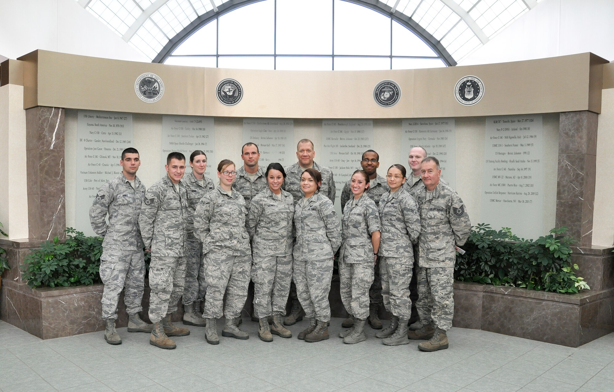 Thirteen members of the 914th Force Support Squadron, Niagara Falls Air Reserve Station, N.Y., pose for a photo in front of the memorial wall at the Charles C. Carson Center for Mortuary Affairs, Dover Air Force Base, Del., July 29, 2014. 914 FSS personnel were attending the Force Support Contingency Training course, hosted by Air Force Mortuary Affairs Operations, which is designed to fulfill mortuary training requirements for Air Force services personnel assigned to a mortuary unit tasking. (U.S. Air Force photo by Tech. Sgt. Myco Apat)