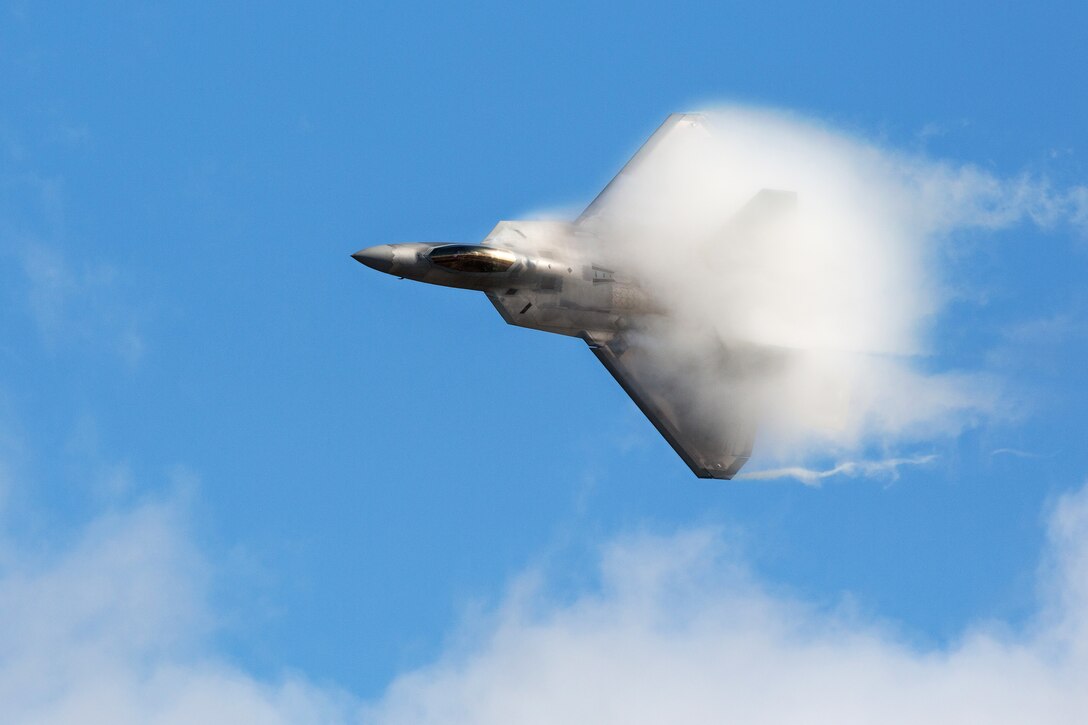 A F-22 Raptor performs a high-speed pass during the Arctic Thunder Open House on Joint Base Elmendorf-Richardson, Alaska, July 26, 2014.