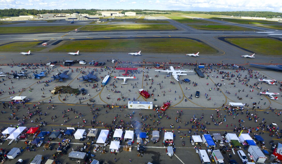 The U.S. Air Force Thunderbirds taxi back to their parking positions after a performance during the Arctic Thunder Open House on Joint Base Elmendorf-Richardson, Alaska, July 26, 2014. 