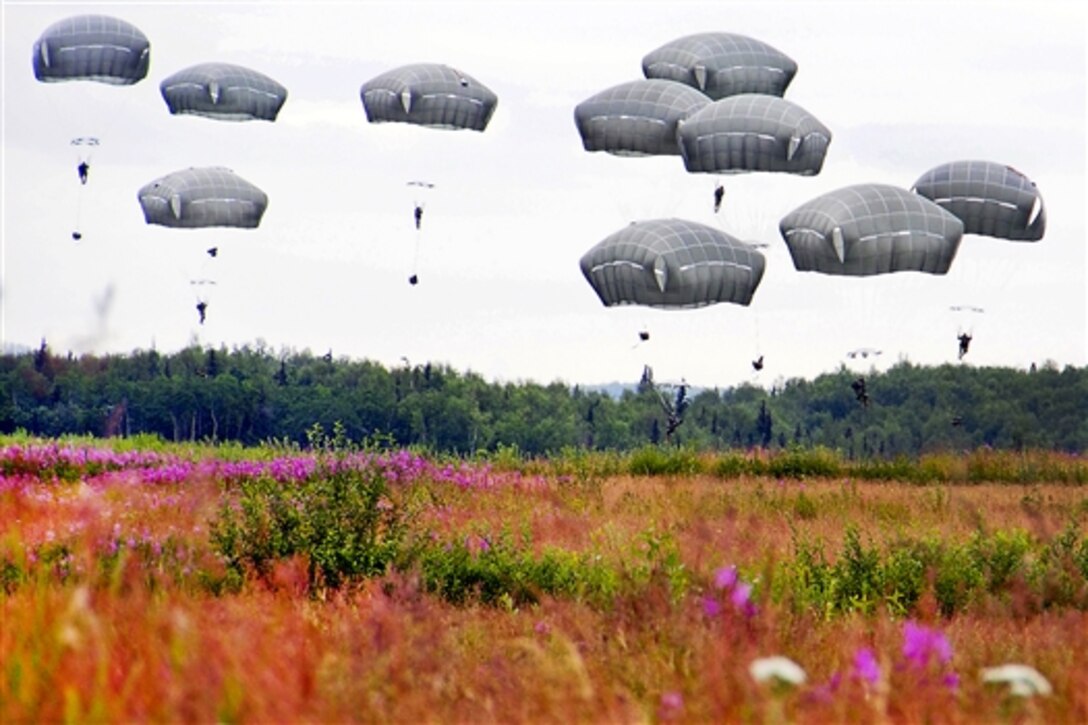 Paratroopers perform a heavy equipment drop and parachute assault during training on Malamute drop zone on Joint Base Elmendorf-Richardson, Alaska, July 23, 2014. 