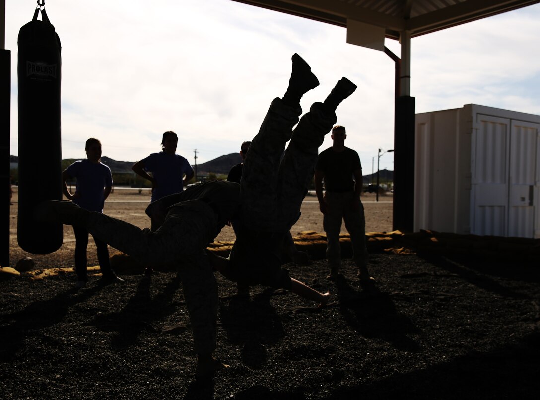 Cpl. Katelyn Capra is hip thrown during a Marine Corps Martial Art Program demonstration as a part of Marine Unmanned Aerial Vehicle Squadron 1's Jayne Wayne Day at Del Valle Field May 23, 2014. The event took Marine spouses to different Combat Center sites to experience a taste of the Corps.