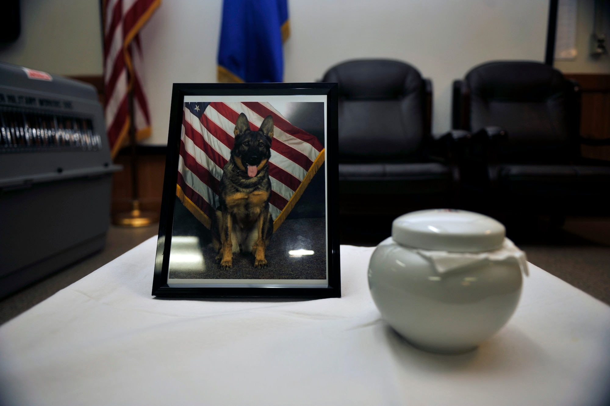 Military Working Dog Reza was remembered during the memorial service May 30, 2014 on Osan Air Base, Republic of Korea. MWD Reza, who served for more than 11-years with the U.S. Air Force as a patrol explosive detection dog, passed away on May 4. (U.S. Air Force photo by Senior Airman David Owsianka)