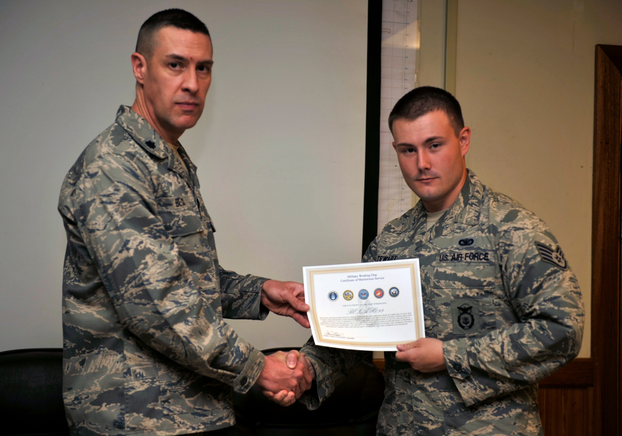 Lt. Col. Jason Beck, 51st Security Forces Squadron commander, presents Staff Sgt. Edward Stewart, 51st Security Forces Squadron military working dog handler, with a letter of appreciation for Military Working Dog Reza during the memorial service May 30, 2014 on Osan Air Base, Republic of Korea. MWD Reza served 11-years as a patrol explosive detection dog. (U.S. Air Force photo by Senior Airman David Owsianka)
