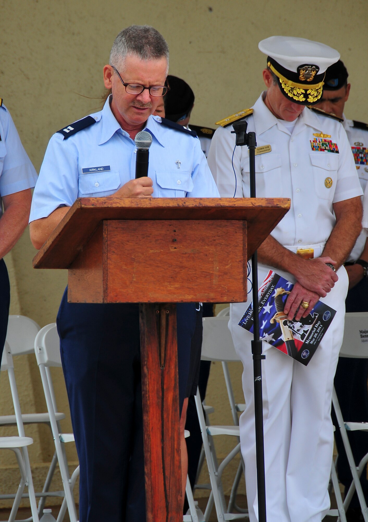 Chaplain (Capt.) William Kirkland, Guam Air National Guard, offers an invocation at the start of the Memorial Day Ceremony at the Guam Governor’s Complex in Hagåtña, May 26, 2014. Memorial Day was originally created as a way to remember Union and Confederate soldiers who died during the American Civil War, but it has grown since then as a way to honor the more than 1.1 million American service members who have been killed in action. (U.S. Air Force Photo by Staff Sgt. Brok McCarthy/Released)