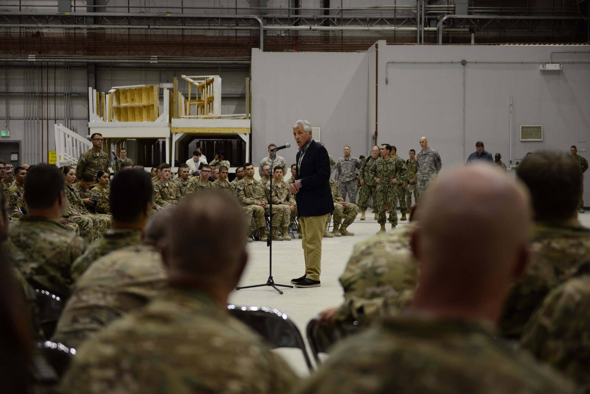 U.S. Secretary of Defense Chuck Hagel speaks to Soldiers, Sailors, Marines and Airmen at Bagram Airfield, Afghanistan June 1, 2014.  Hagel visited the troops deployed to Bagram, thanked them for their service and answered their questions.  (U.S. Air Force photo by Staff Sgt. Evelyn Chavez/Released)