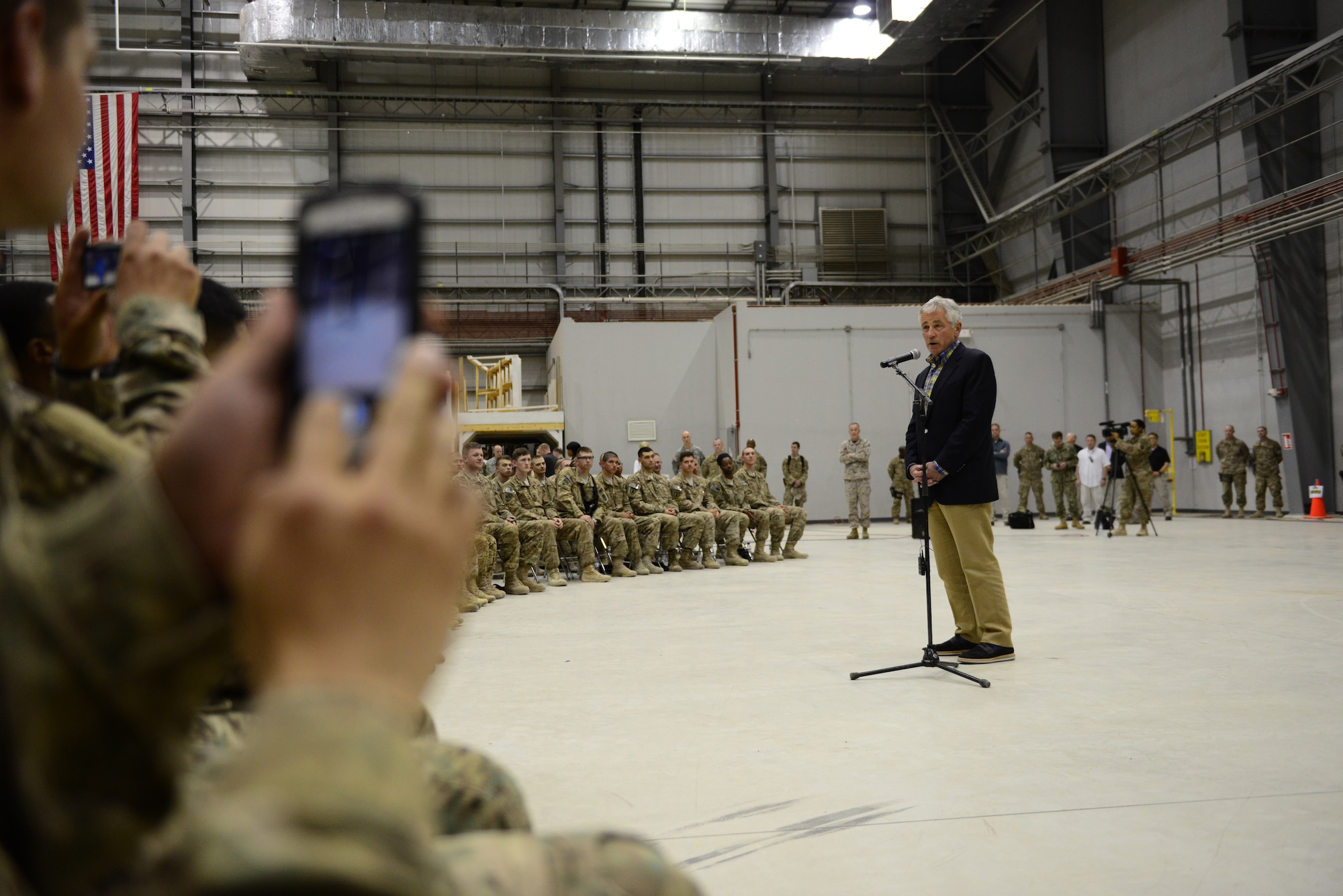 U.S. Secretary of Defense Chuck Hagel speaks to Soldiers, Sailors, Marines and Airmen at Bagram Airfield, Afghanistan June 1, 2014.  Hagel visited the troops deployed to Bagram, thanked them for their service and answered their questions.  (U.S. Air Force photo by Staff Sgt. Evelyn Chavez/Released)