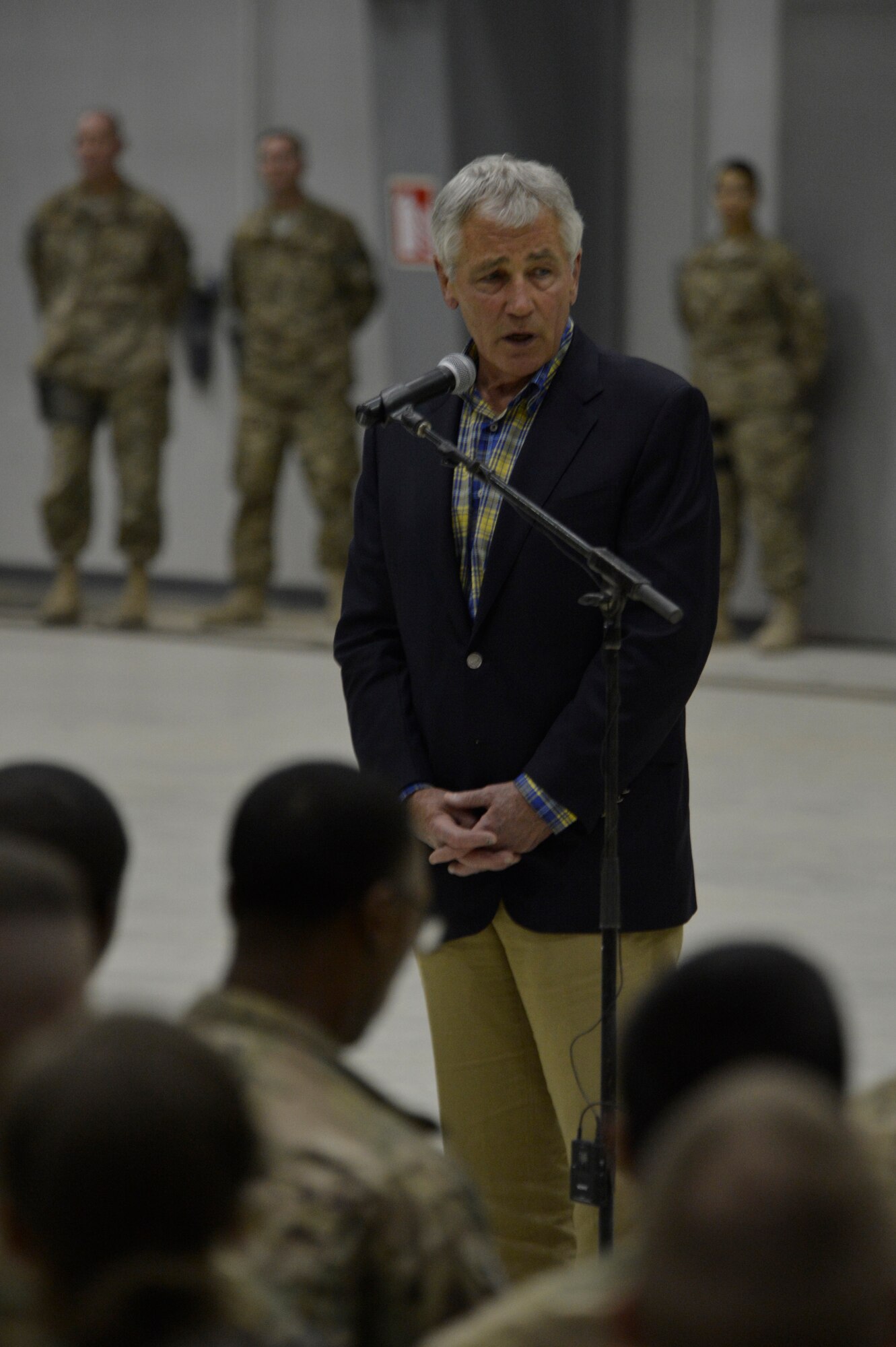 U.S. Secretary of Defense Chuck Hagel speaks to Soldiers, Sailors, Marines and Airmen at Bagram Airfield, Afghanistan June 1, 2014.  Hagel visited the troops deployed to Bagram, thanked them for their service and answered their questions.  (U.S. Air Force photo by Staff Sgt. Evelyn Chavez/Released)
