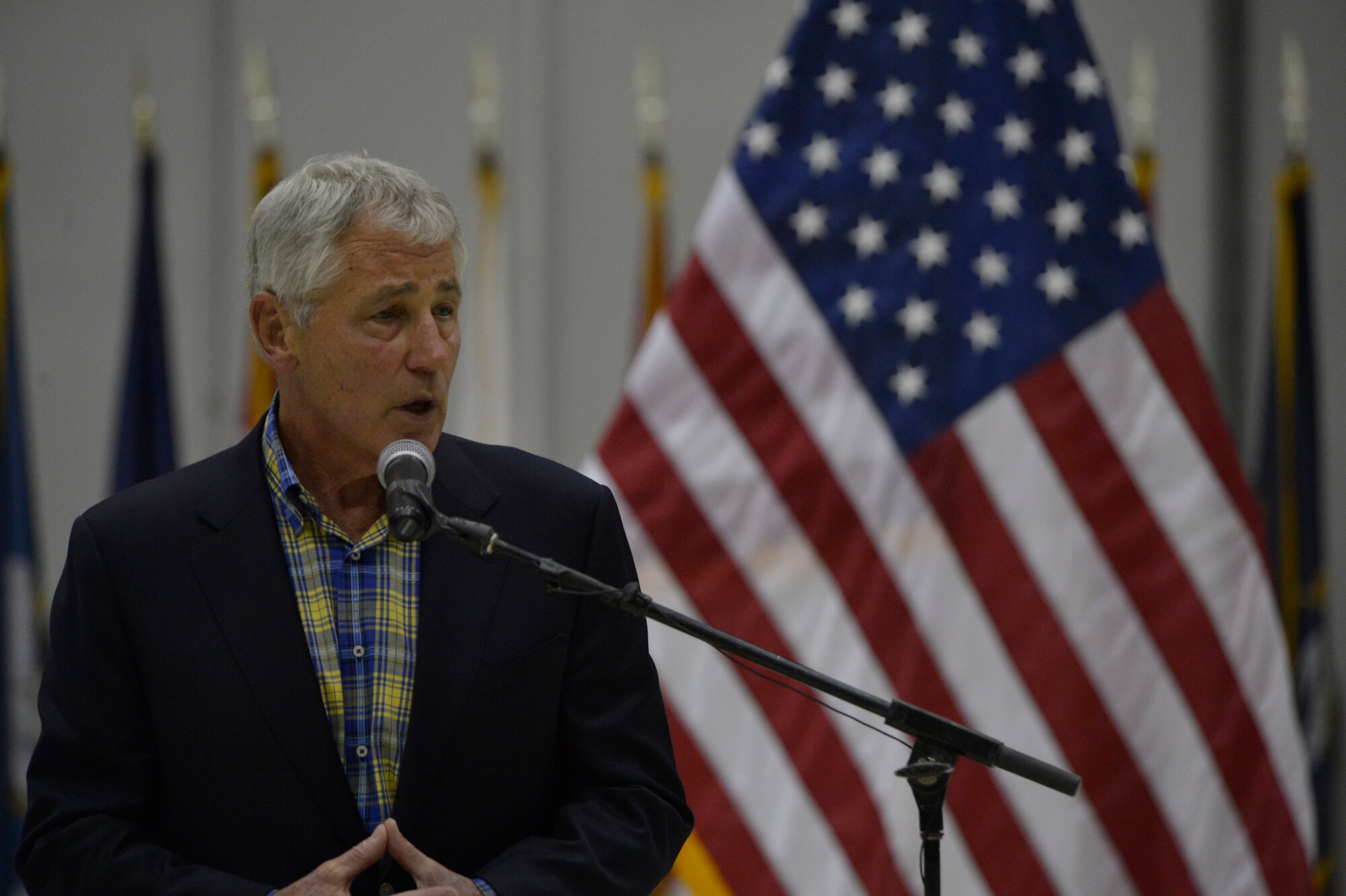 U.S. Secretary of Defense Chuck Hagel speaks to Soldiers, Sailors, Marines and Airmen at Bagram Airfield, Afghanistan June 1, 2014.  Hagel visited the troops deployed to Bagram, thanked them for their service and answered their questions.  (U.S. Air Force photo by Staff Sgt. Evelyn Chavez/Released)