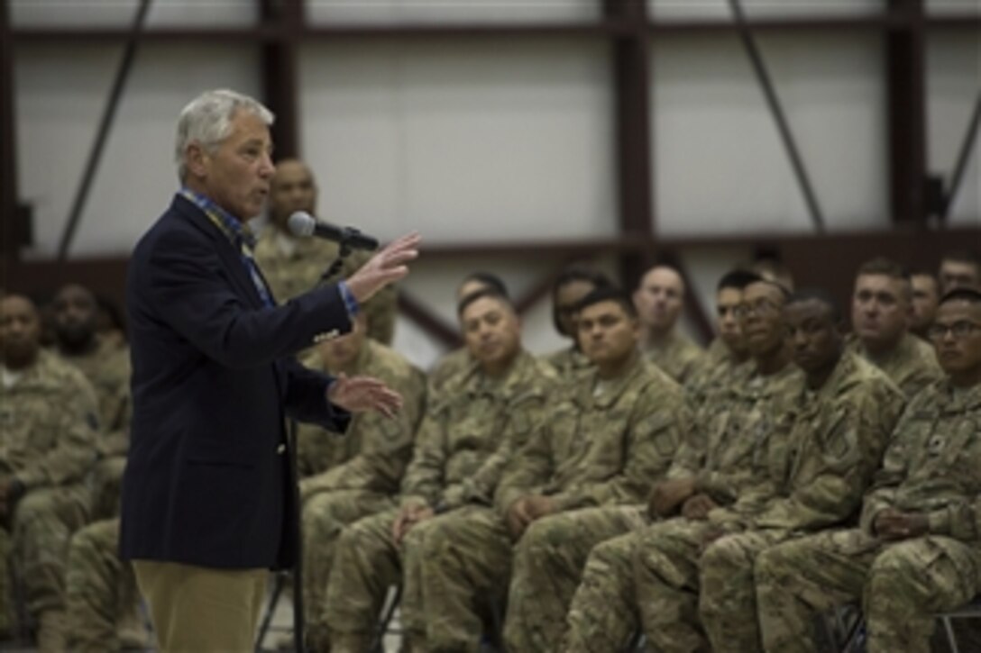U.S. Defense Secretary Chuck Hagel addresses service members on Bagram Air Base, Afghanistan, June 1, 2014. Hagel is on a 12-day trip to Asia and Europe. 