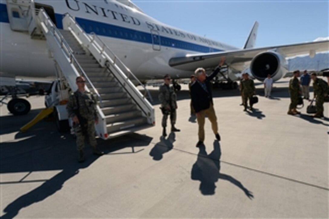U.S. Defense Secretary Chuck Hagel departs Bagram Air Base, Afghanistan, June 1, 2014. Hagel addressed U.S. troops during his visit. The secretary is on a 12-day trip to Asia and Europe.