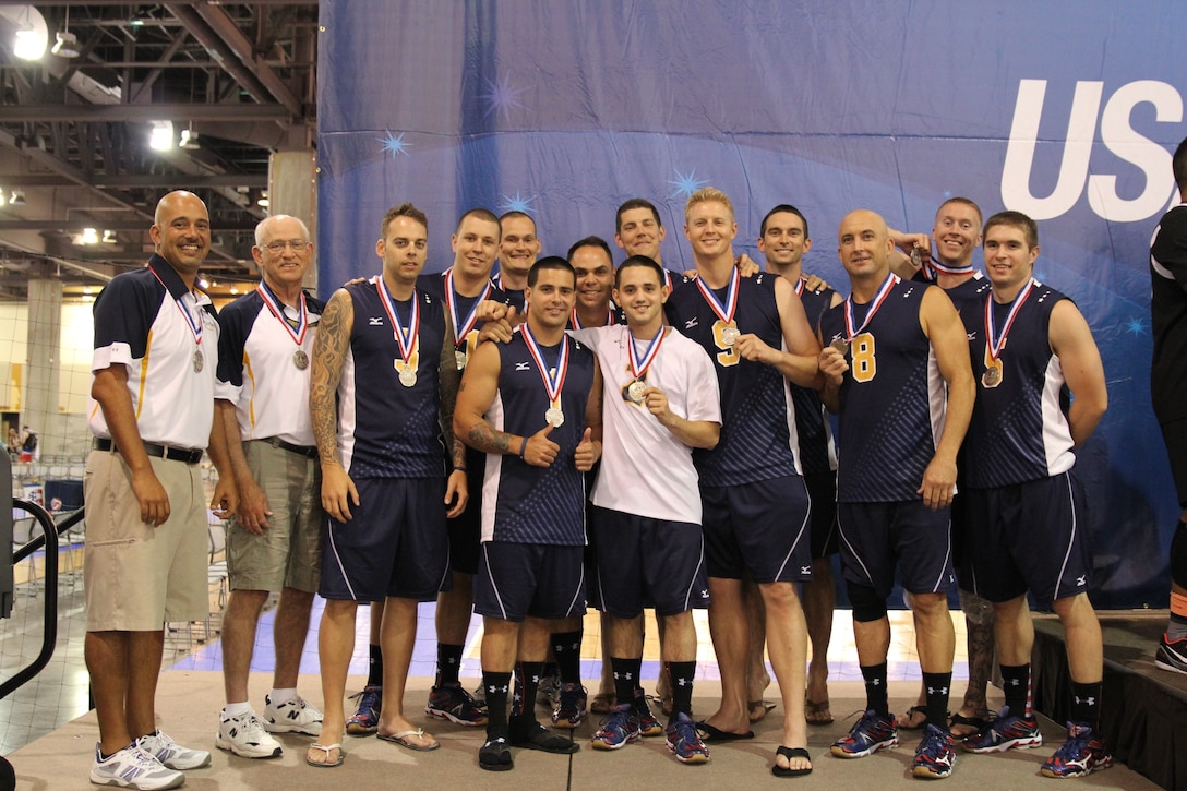 2014 Armed Forces Silver Medalists, Navy Men.  From left to right:  Head Coach Mr. Shann Brewinton (Winston Salem, NC); Asst. Coach Mr. Roy West (Stearns, KY); PO2 Timothy Anderson (USCG Charleston, SC); PO2 Daniel Phillips (Pearle Harbor, HI); PO1 Edward Sitko (NS Norfolk, VA); SN Daniel Leno (USS Avenger); PO2 William Berdecia (NAS Mayport, FL); SN Jesse Smith (NAS Naples, Italy); (Behind SN Smith) PO3 Daniel Stedman (USCG Houston, TX); SN Michael Minnich (MCB Camp Pendleton, CA); LT Austin Lanteigne (NAS Jacksonville, FL); SCPO John Goings (NAS Jacksonville, FL); PO2 Ryan Hebard (NAS Pensacola, FL); PO3 John Juhl (Silverdale, WA)