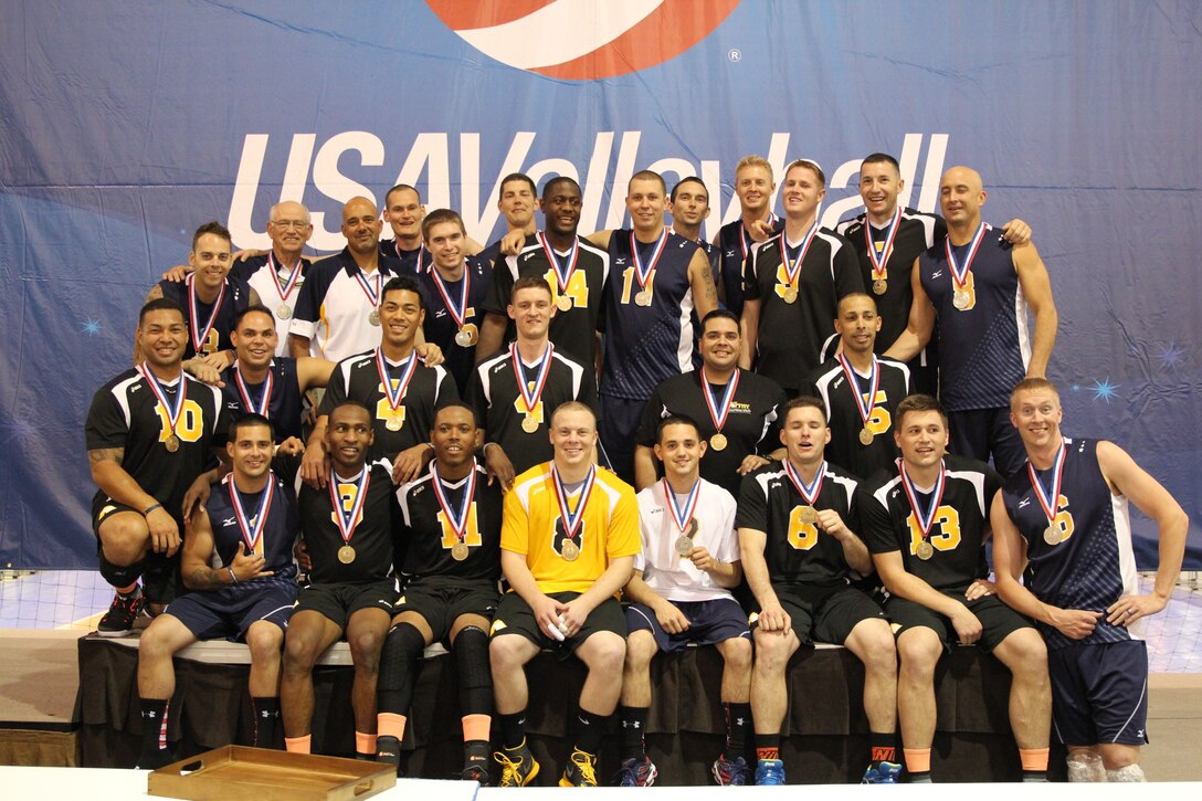 Army and Navy men after taking Armed Forces gold and silver respectively at the 2014 Armed Forces Volleyball Championship held in conjunction with the 2014 USA Volleyball National Championship 26-28 May in Phoenix, AZ