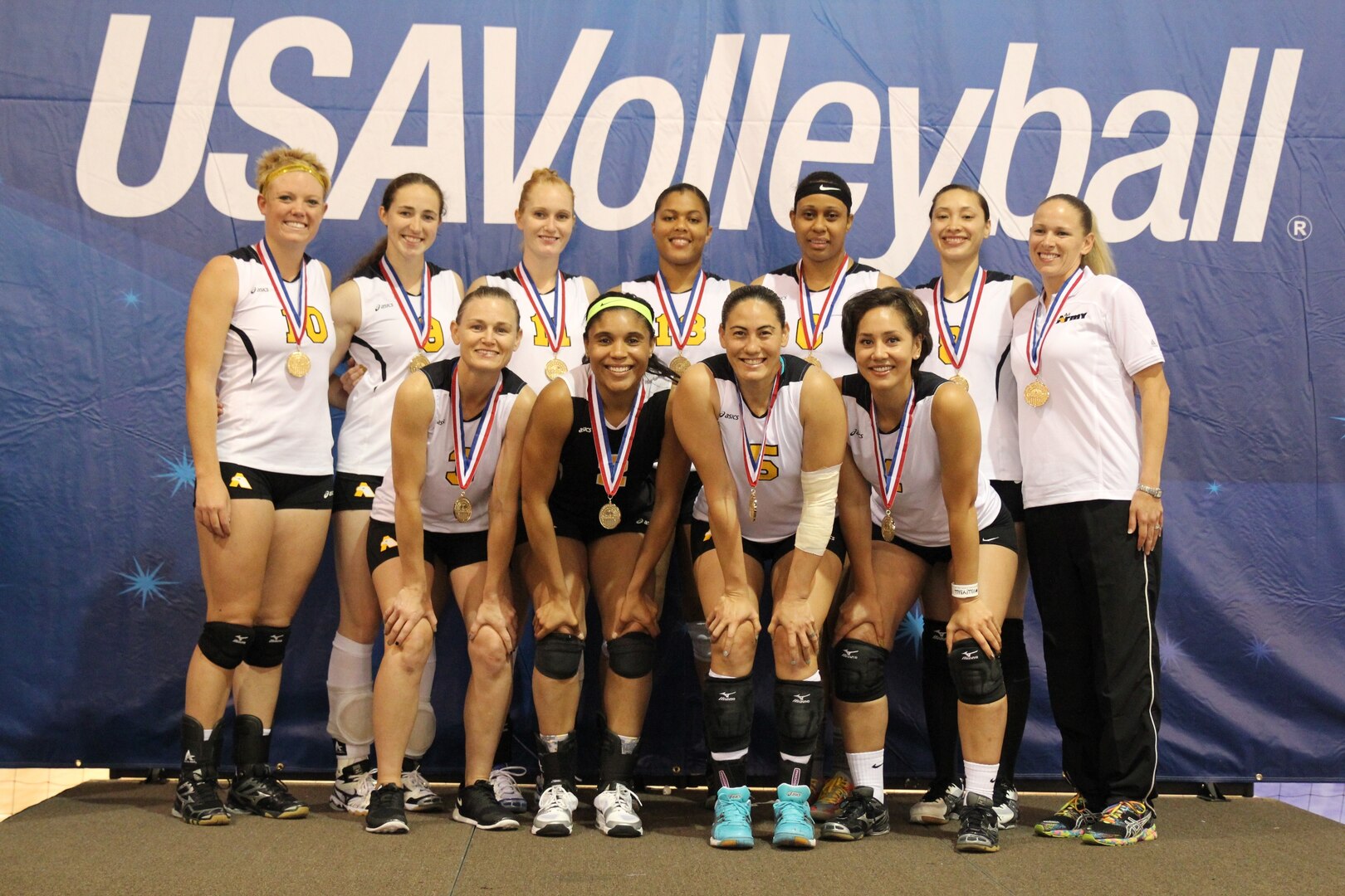 2014 Armed Forces Champions, Army Women.  From left to right:  Back Row:  1LT Alexandra Giraud (Schofield Barracks, HI); CPT Jamie Pecha (Ft. Bragg, NC); 1LT Alysia Franco (Ft. Bragg, NC); PFC Jessica Glover (Walter Reed, MD); SPC Latoya Marshall (Ft. Sill, OK); SGT Jazmine Silafau (USAG Yongsan, Korea); Head Coach SSG Sherri Lagasse-Randall; Front Row: 1LT Jodi Corcoran (Ft. Lee, VA); SGT Kamille King (ARNG-FL); SPC Meghan Patterson (Ft. Leavenworth, KS); SPC Ettie Punimata (ARNG-UT)