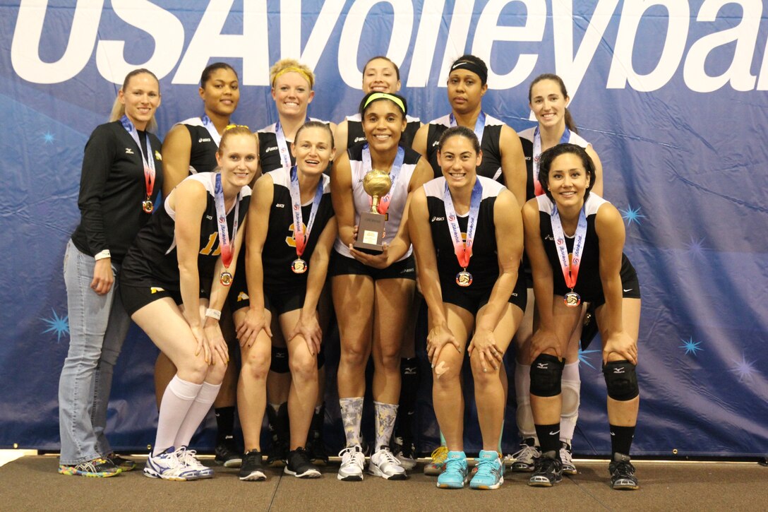 2014 USA Volleyball Women's A National Champions, Army Women.  From left to right:  Back Row:  Head Coach SSG Sherri Lagasse-Randall (Ft. Stewart, GA); PFC Jessica Glover (Walter Reed, MD; 1LT Alexandra Giraud (Schofield Barracks, HI); SGT Jazmine Silafau (USAG Yongsan, Korea); SPC Latoya Marshall (Ft. Sill, OK); CPT Jamie Pecha (Ft. Bragg, NC); Front Row: 1LT Alysia Franco (Ft. Bragg, NC); ); 1LT Jodi Corcoran (Ft. Lee, VA); SGT Kamille King (ARNG-FL); SPC Meghan Patterson (Ft. Leavenworth, KS); SPC Ettie Punimata (ARNG-UT)