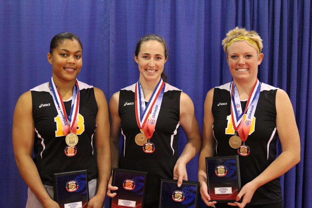 USA Volleyball All-Tournament Team selections from the Army Women's Team.  Left to right:  PFC Jessica Glover (Walter Reed, MD); CPT Jamie Pecha (Ft. Bragg, NC); 1LT Alexandra Giraud (Schofield Barracks, HI) 