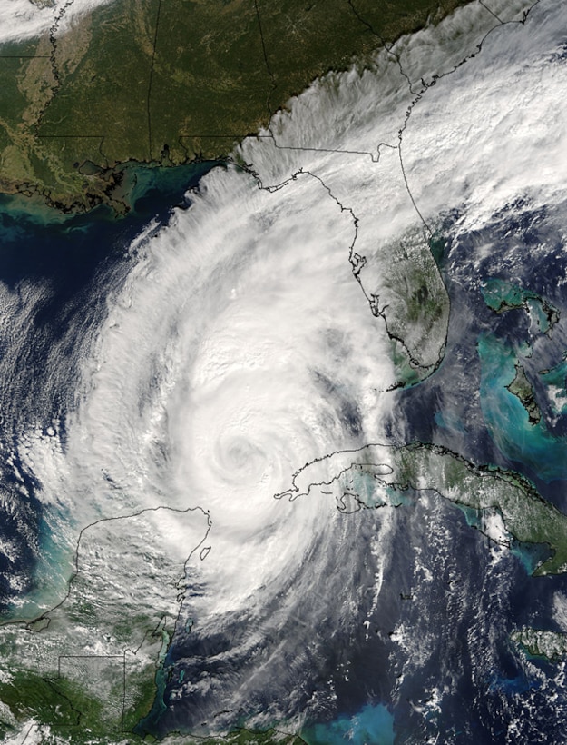 Hurricane Wilma bears down on Florida the day before it makes landfall in this satellite photo, taken October 23, 2005. Wilma was the most recent hurricane that passed over Florida, striking near Everglades City, passing in close proximity to Lake Okeechobee, and exiting the state near Jupiter.