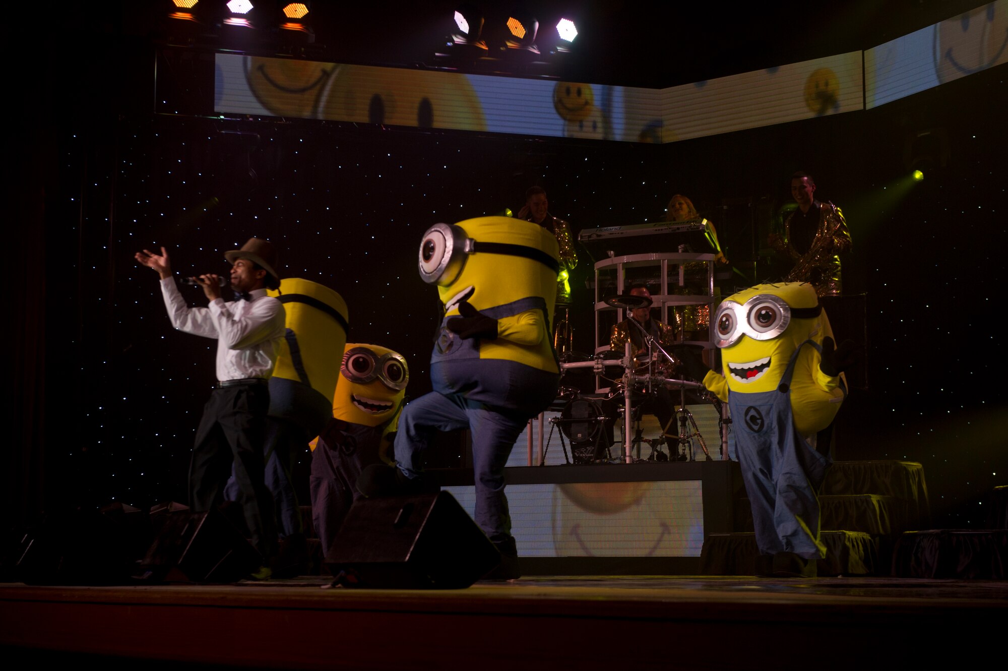 Members of Tops in Blue perform various Disney themed songs utilizing characters from well known movies during their live concert at Tays Center, Alamogordo, N.M., May 31. Tops in Blue is comprised of vocalists, musicians, dancers and technicians serving in the U.S. Air Force. The group’s primary mission is to perform for military personnel and their families throughout the world. (U.S. Air Force photo by Airman 1st Class Aaron Montoya / Released)