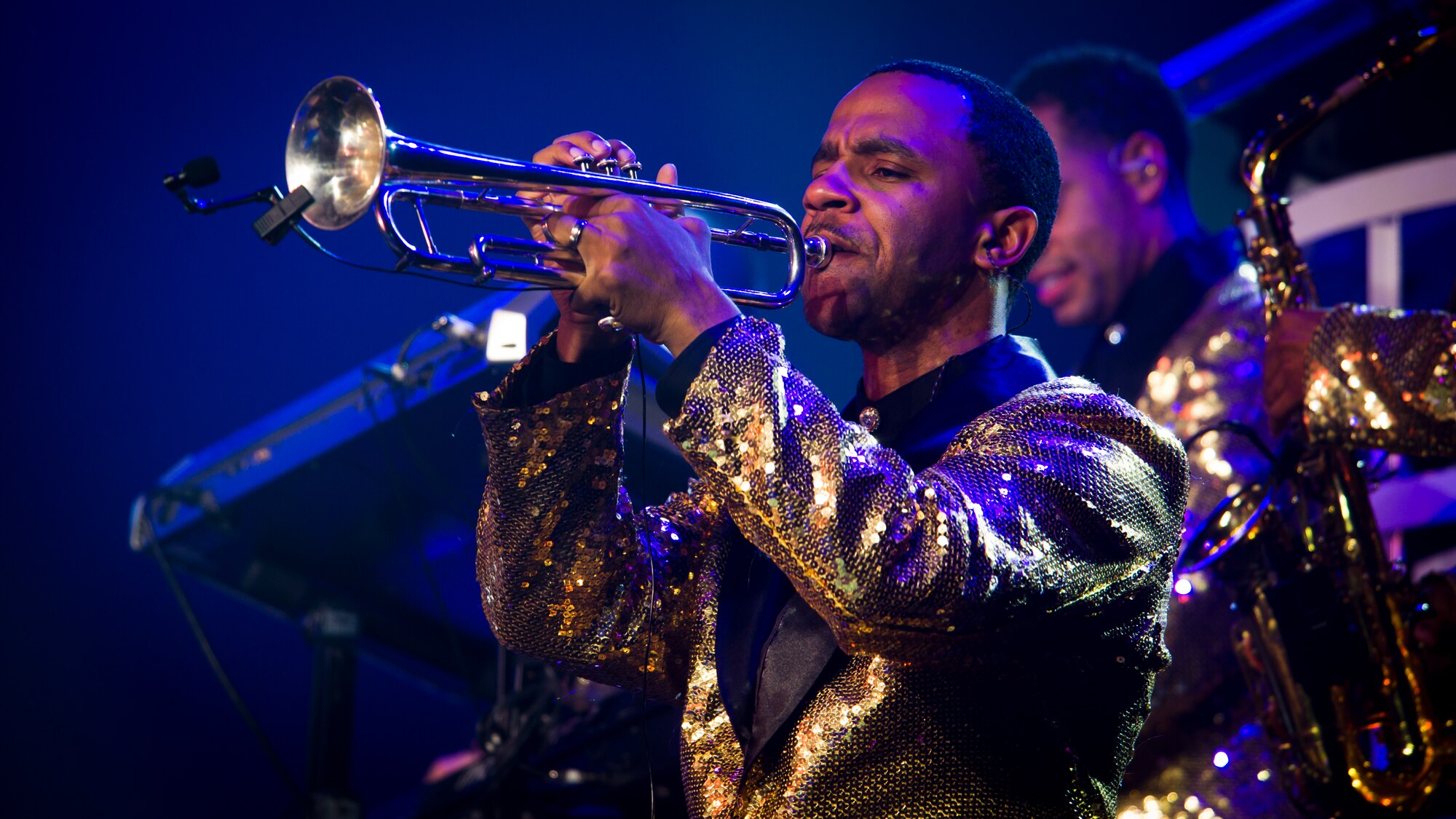 Master Sgt. Alonzo Deon, 748th Aircraft Maintenance Squadron electronic warfare systems craftsman, plays the trumpet during the Tops in Blue performance at Tays Center, Alamogordo, N.M., May 31. Tops in Blue is comprised of vocalists, musicians, dancers and technicians serving in the U.S. Air Force. The group’s primary mission is to perform for military personnel and their families throughout the world. (U.S. Air Force photo by Airman 1st Class Aaron Montoya / Released)