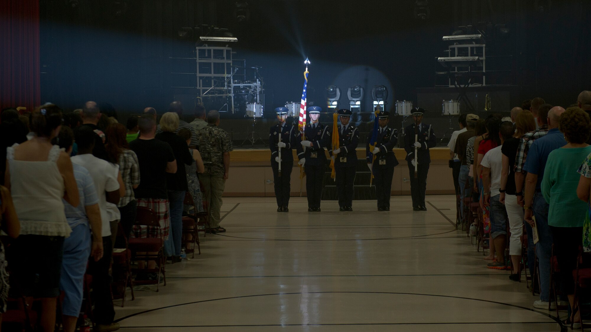 The Steel Talons Honor Guard presents the colors during the opening ceremony of the Tops in Blue performance at Tays Center, Alamogordo N.M., May 31. Tops in Blue is comprised of vocalists, musicians, dancers and technicians serving in the U.S. Air Force. The group’s primary mission is to perform for military personnel and their families throughout the world. (U.S. Air Force photo by Airman 1st Class Aaron Montoya / Released)
